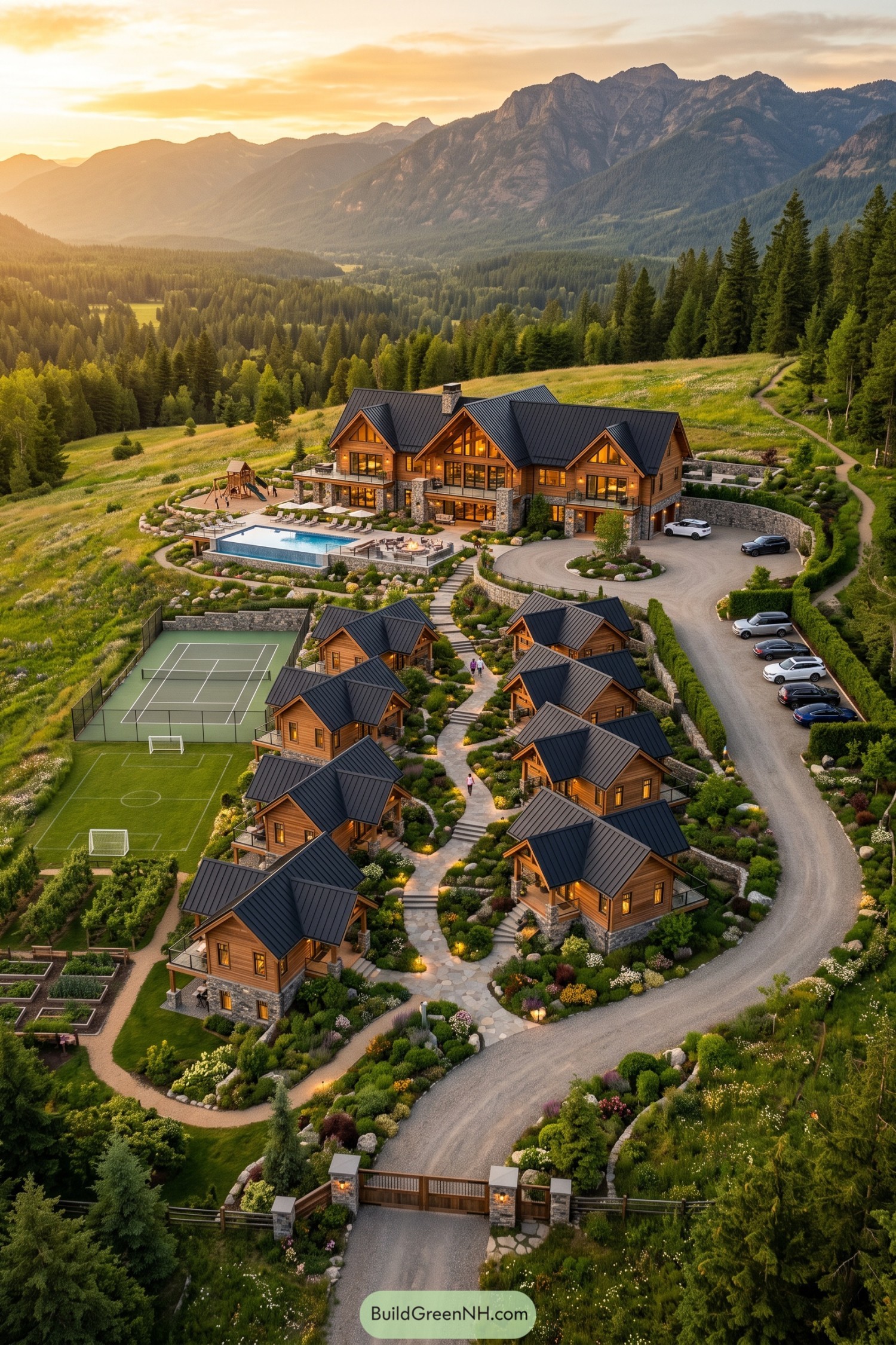 Mountain lodge compound with guest cabins pool and sports courts