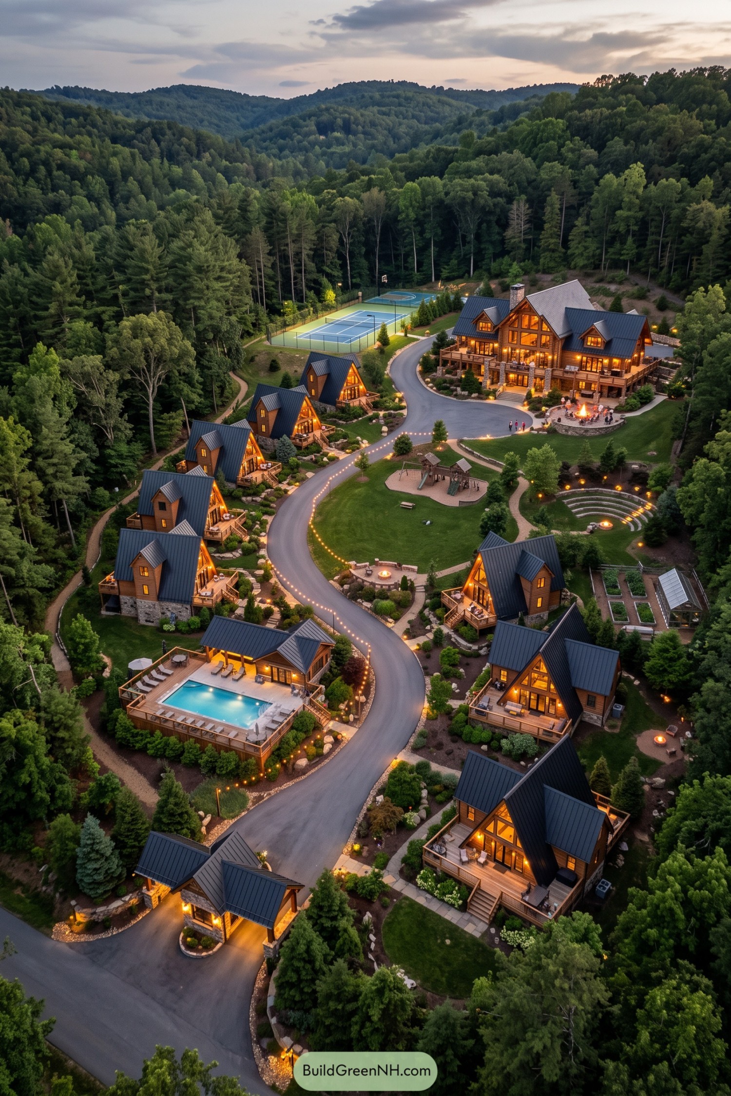 Wooded timber compound with cabins courts and pool