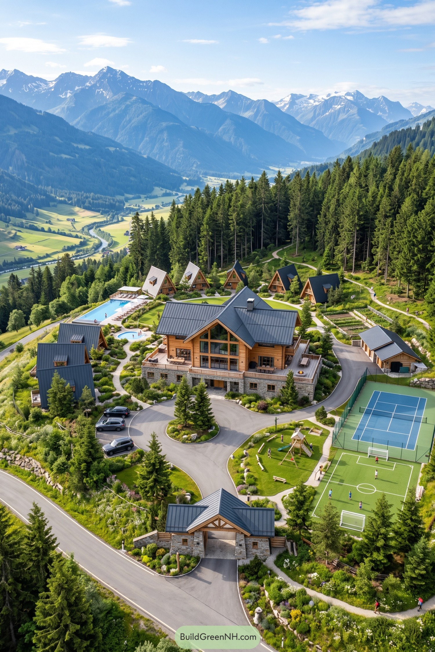 Mountain family compound with timber lodges pools and sports courts