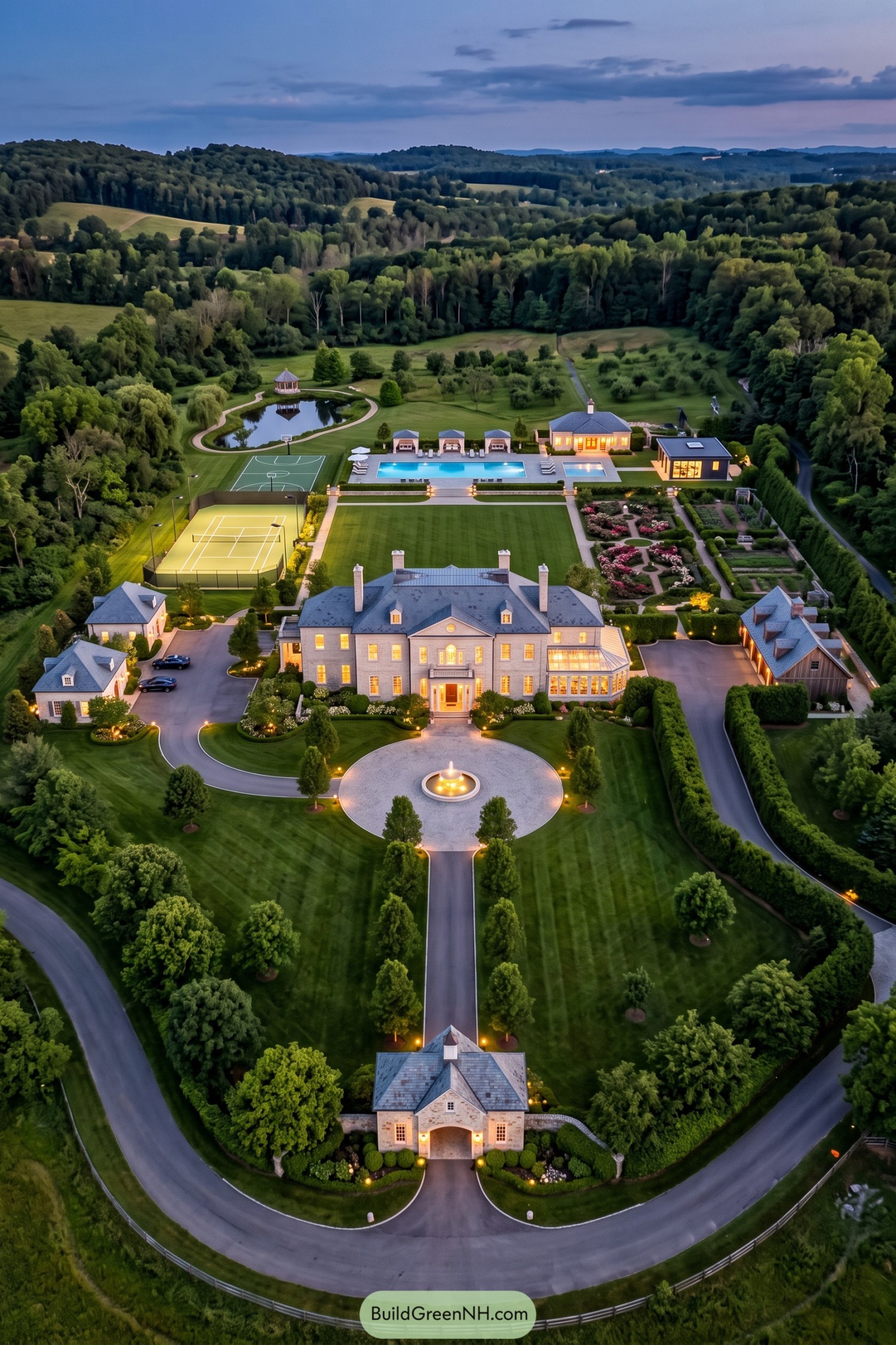 Aerial view of a formal country estate with pool courts and gardens