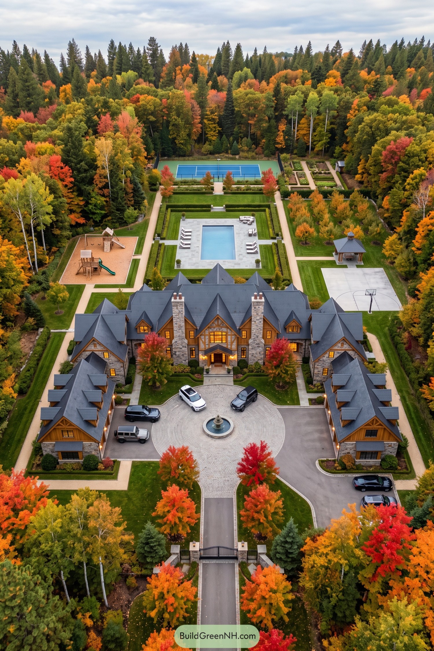 Aerial view of a stone manor compound with pool tennis court and autumn gardens