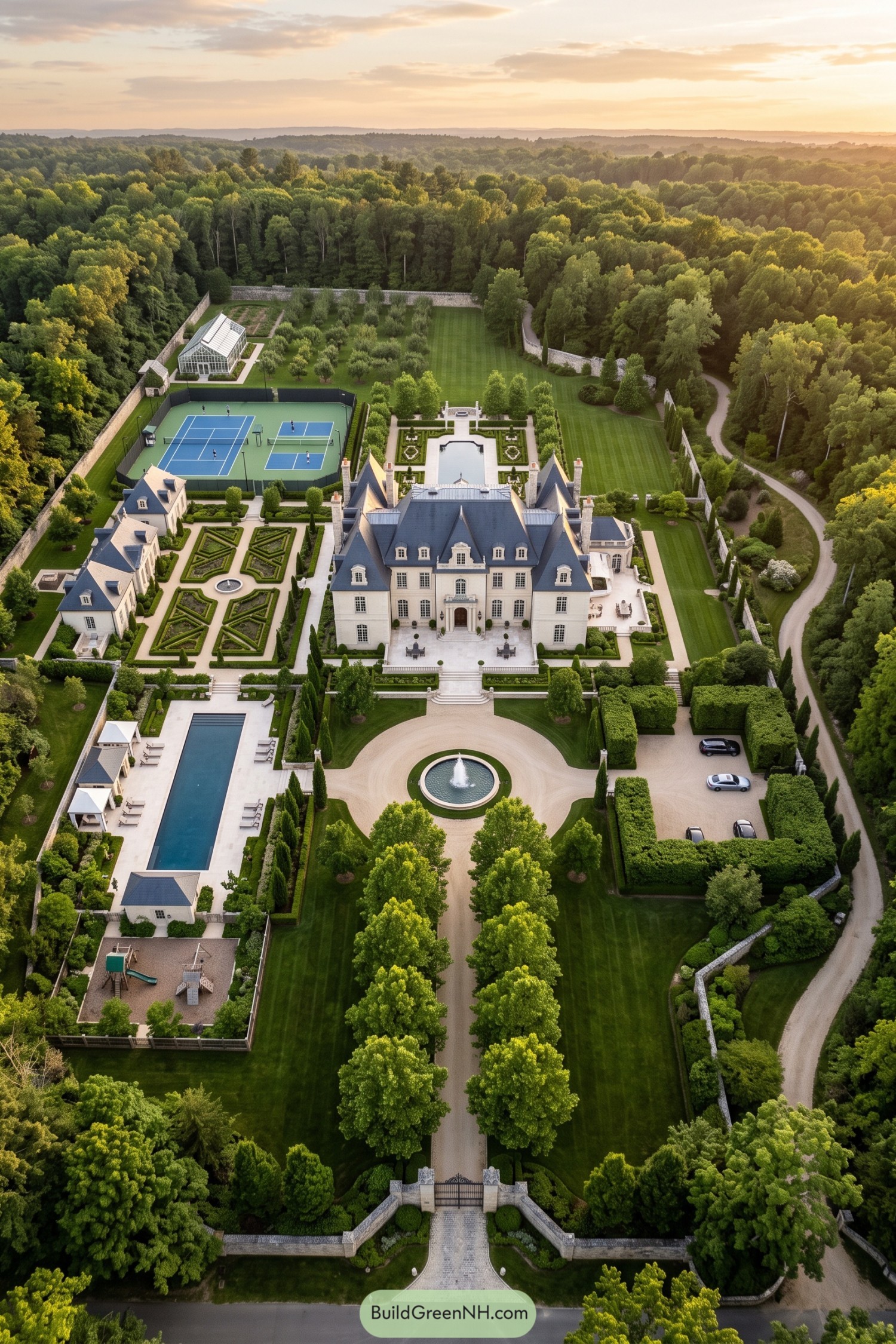 French-inspired estate with formal gardens pool tennis courts and greenhouse