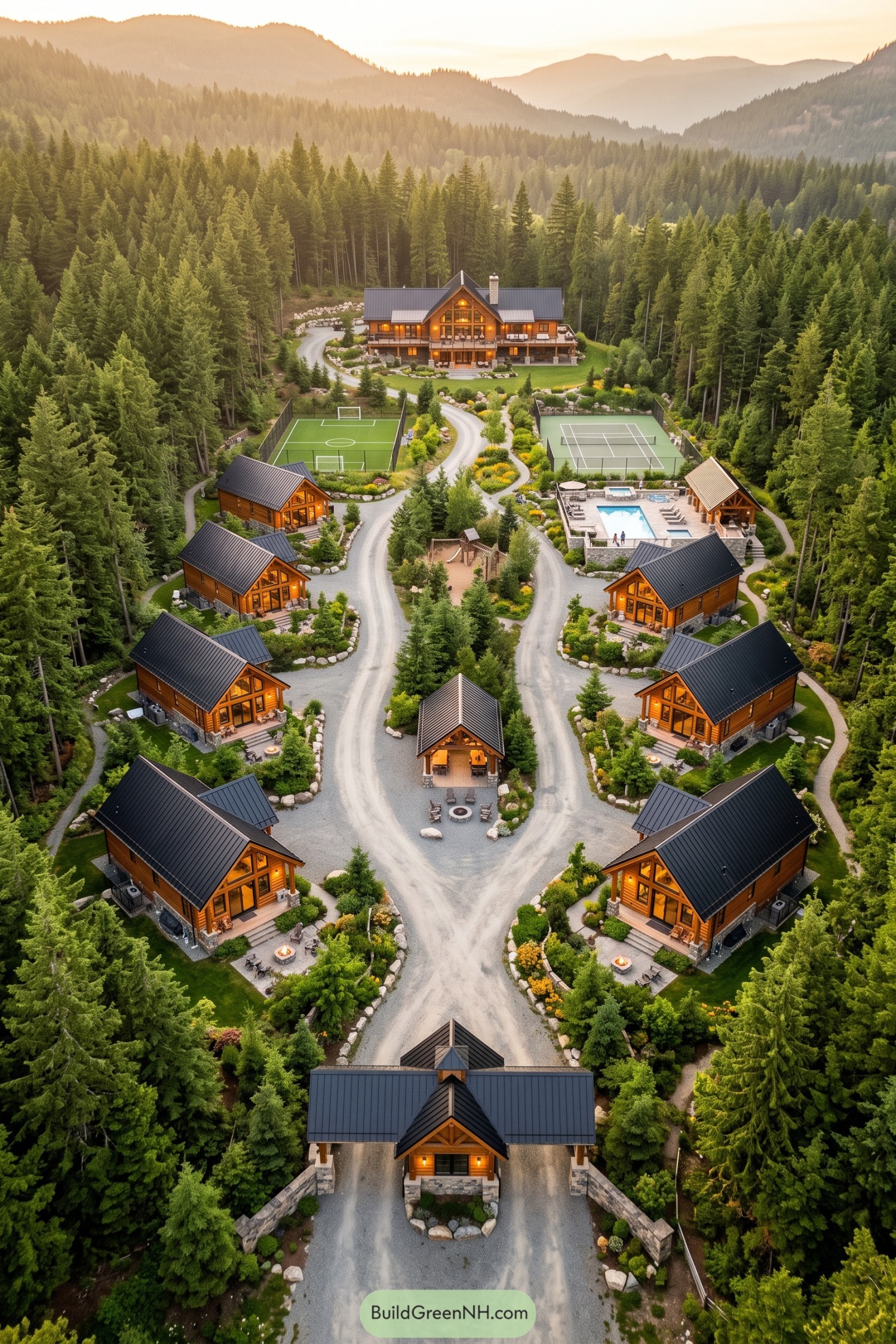Forest family retreat with cabins pool and sports courts