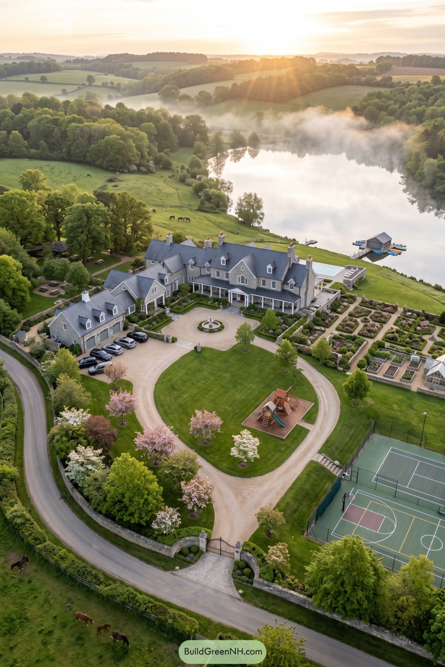 A grand stone residence with gardens beside a misty lake