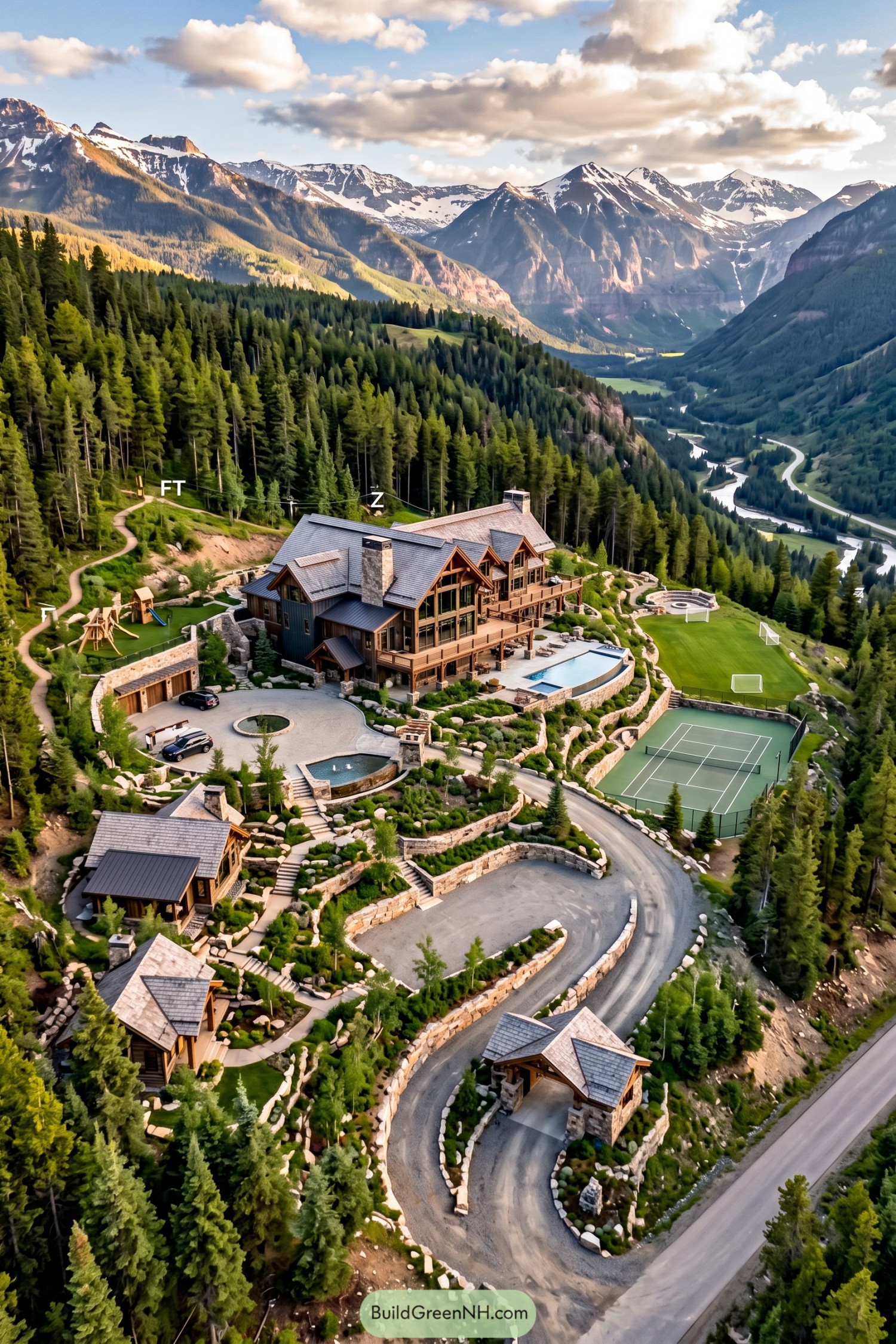 Mountain estate with lodge pool tennis court and guest cabins