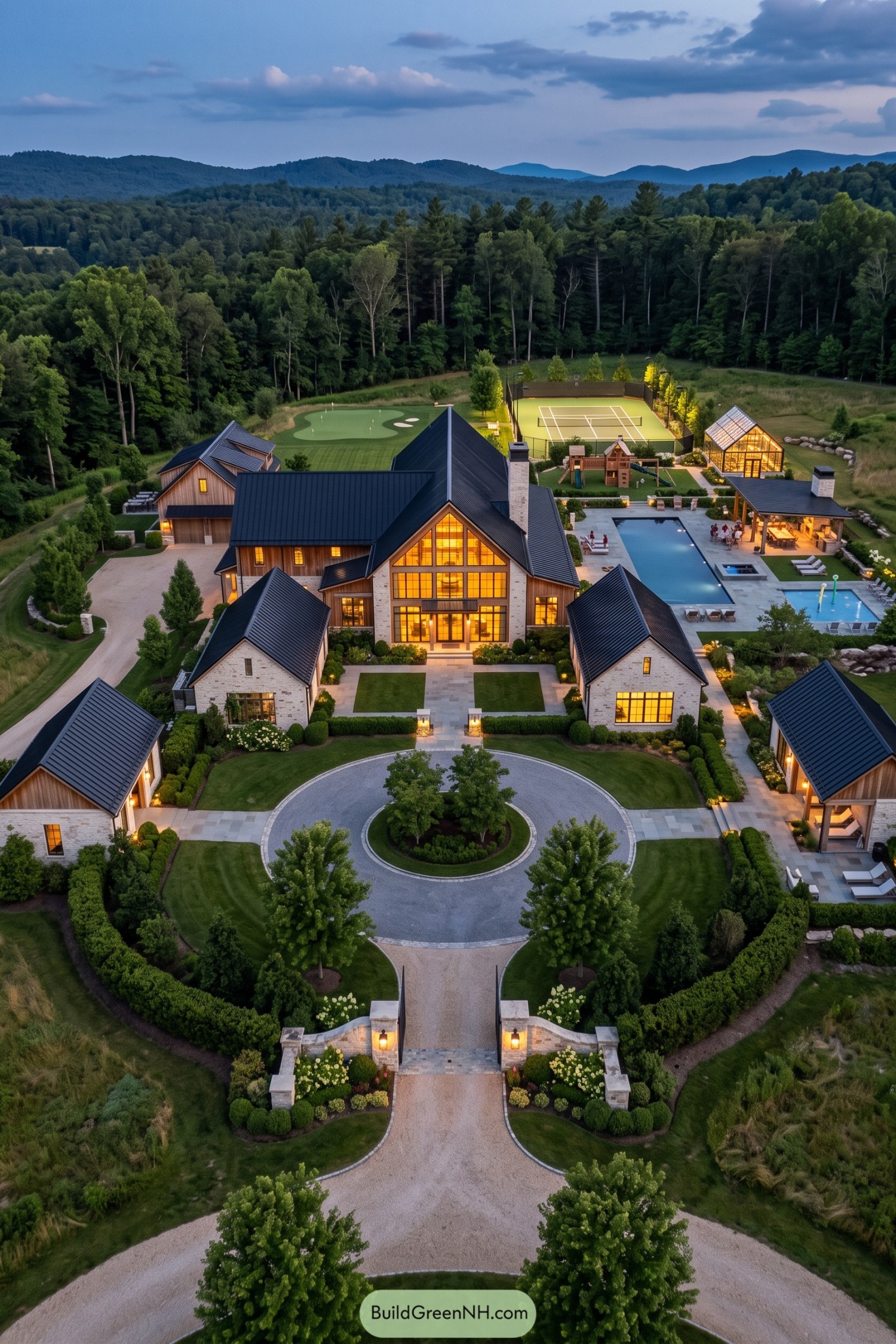 A forested family estate with pools courts and guest cottages