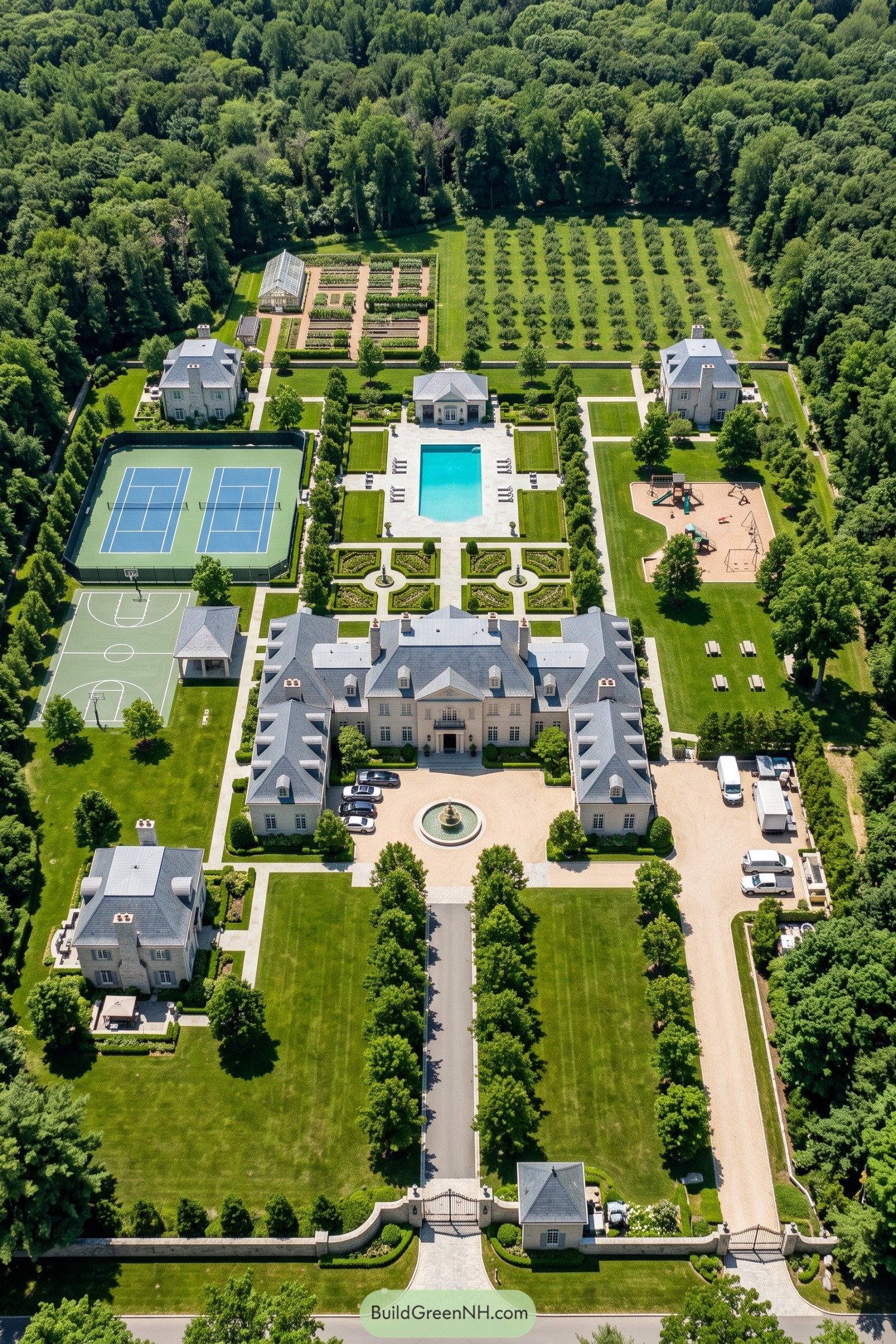 Aerial view of a formal estate with gardens sports courts and pool