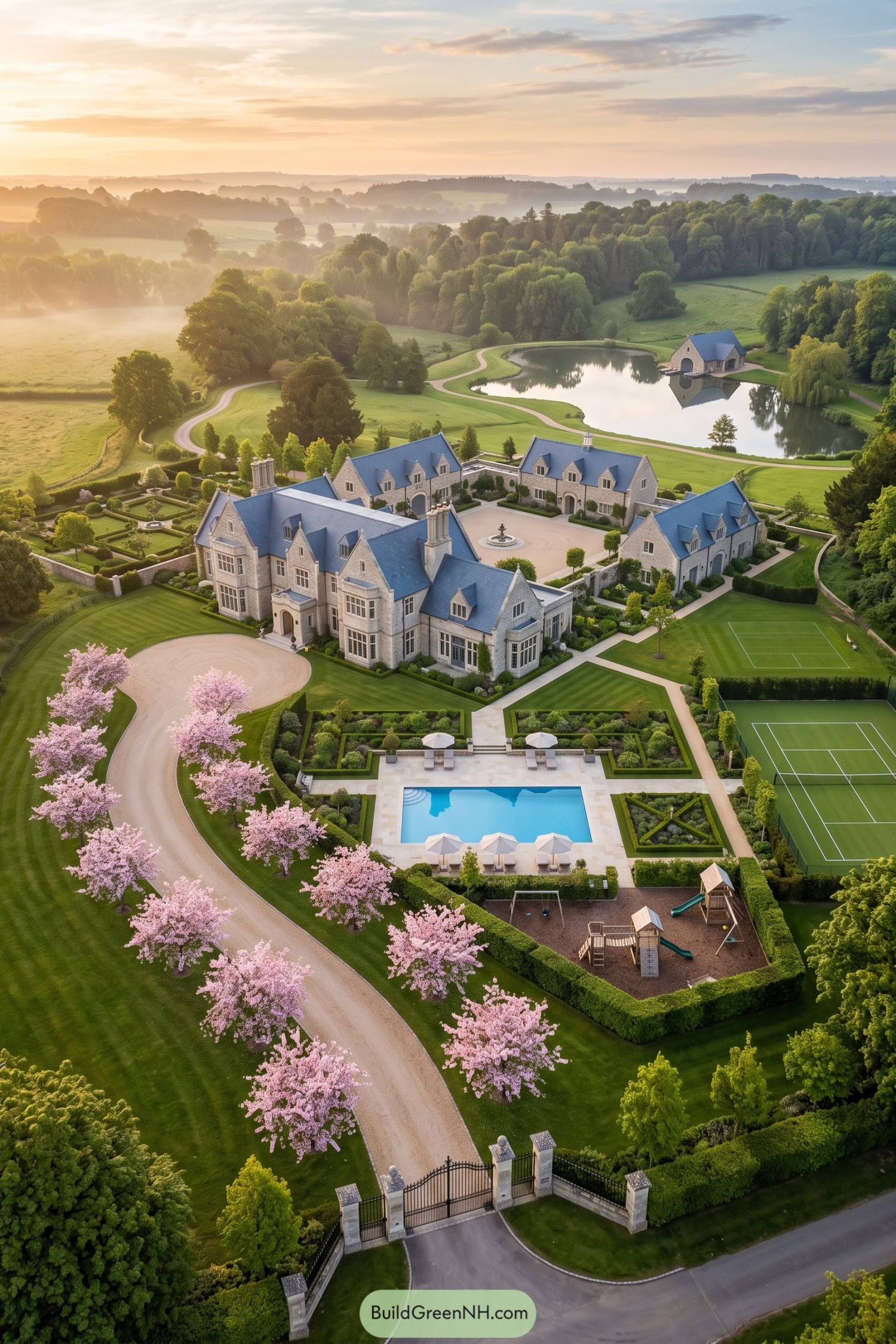A grand stone manor with pool tennis courts and a lakeside pavilion