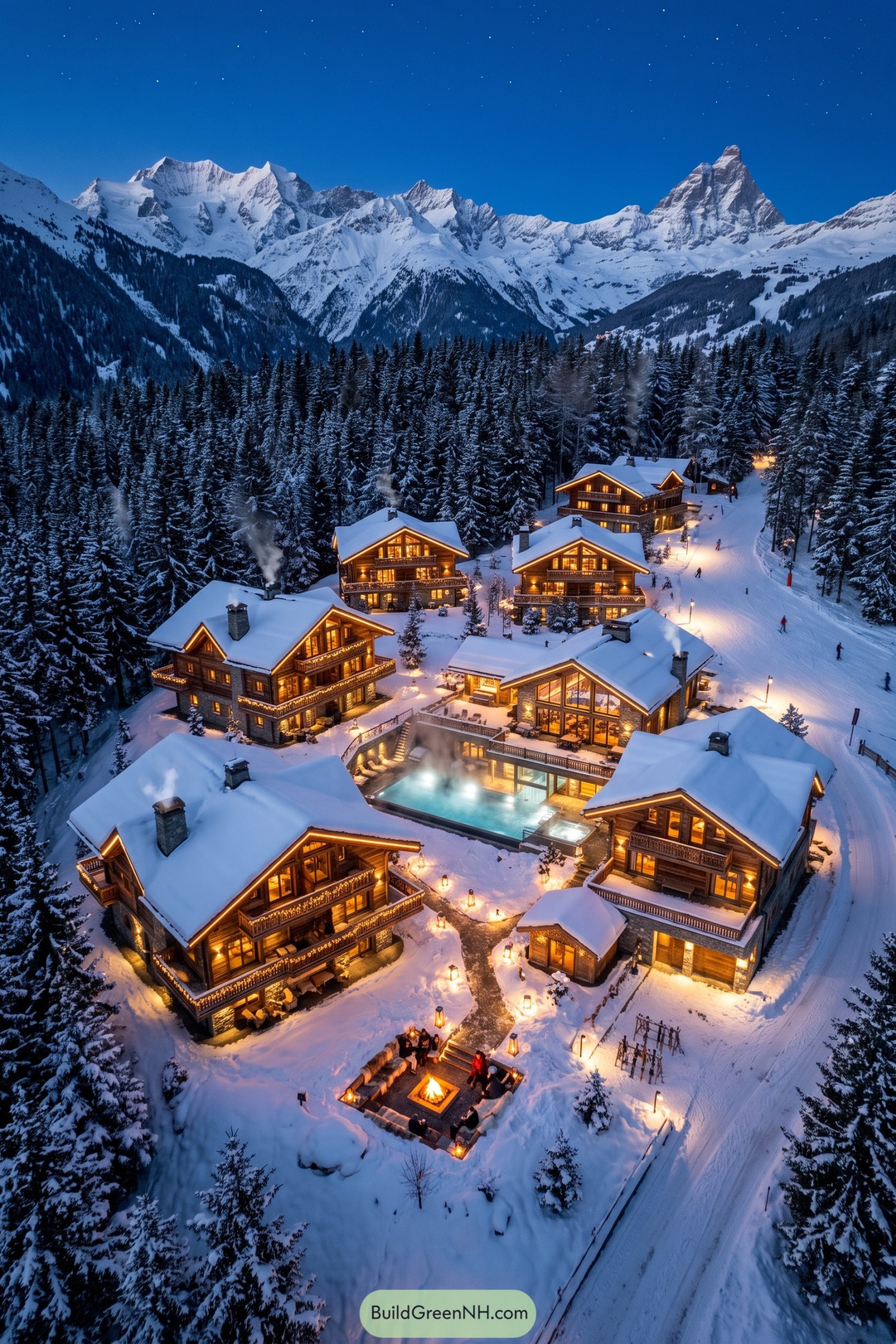 Snowy timber chalet village with a glowing outdoor pool beneath alpine peaks