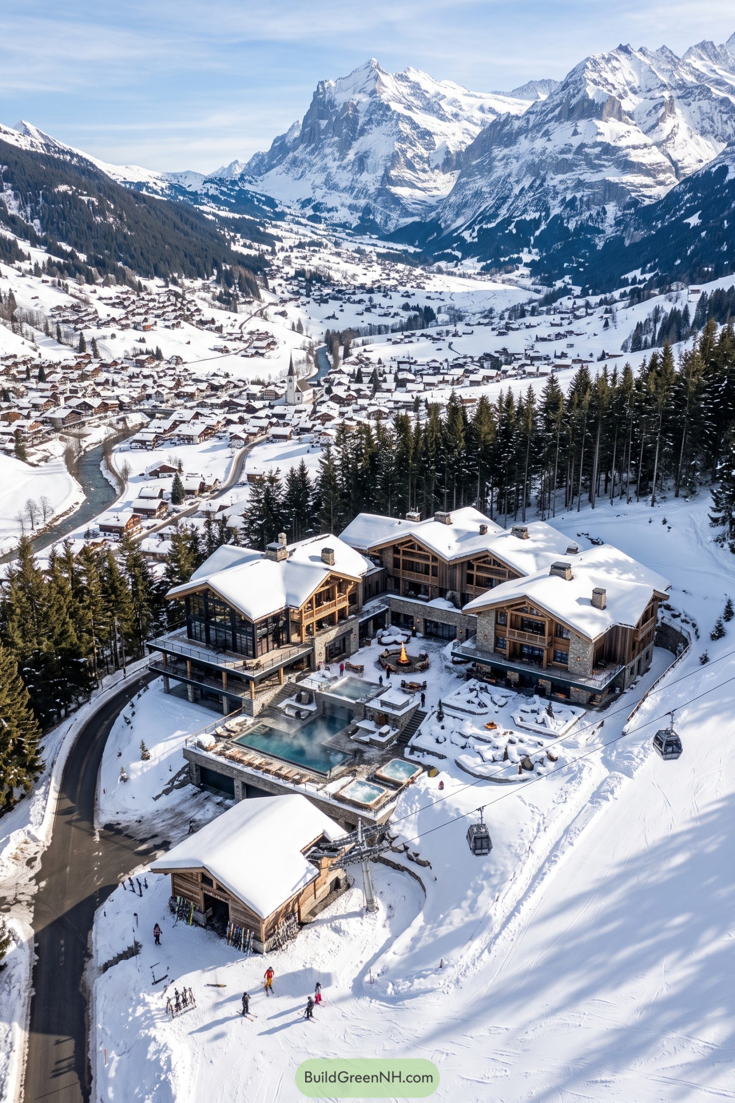 Timber and stone ski lodge with mountain pools