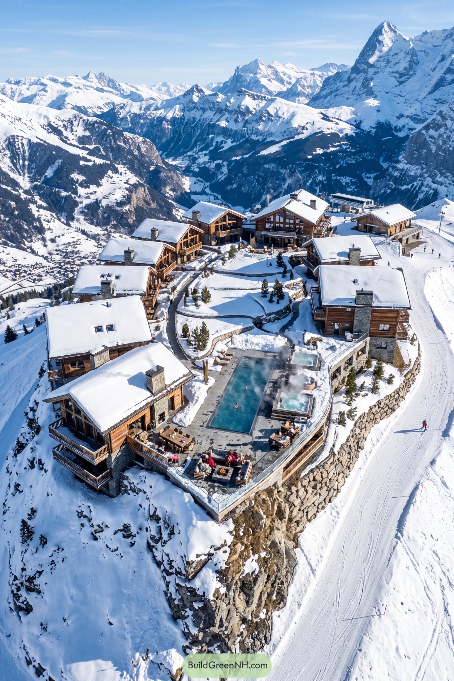 Snowy chalet cluster with pool and mountain views
