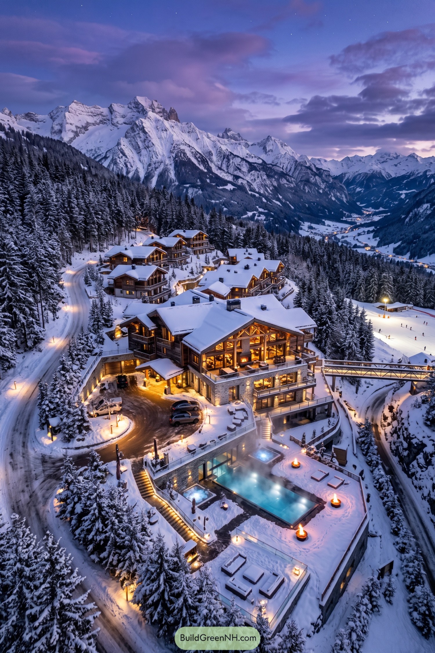 Snowy chalet domain with glowing pool terrace beneath alpine peaks