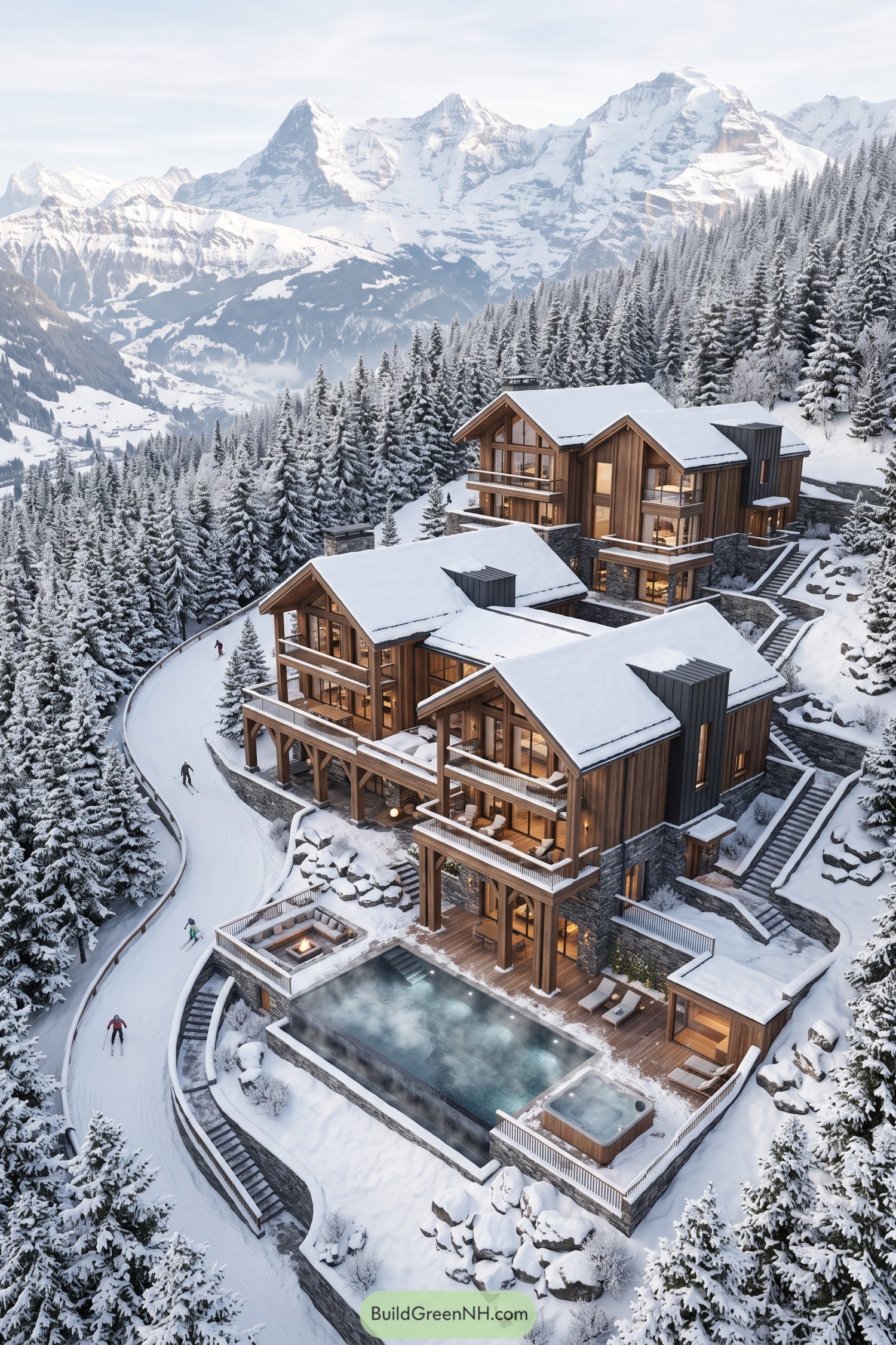 Stepped timber ski villas with a heated pool