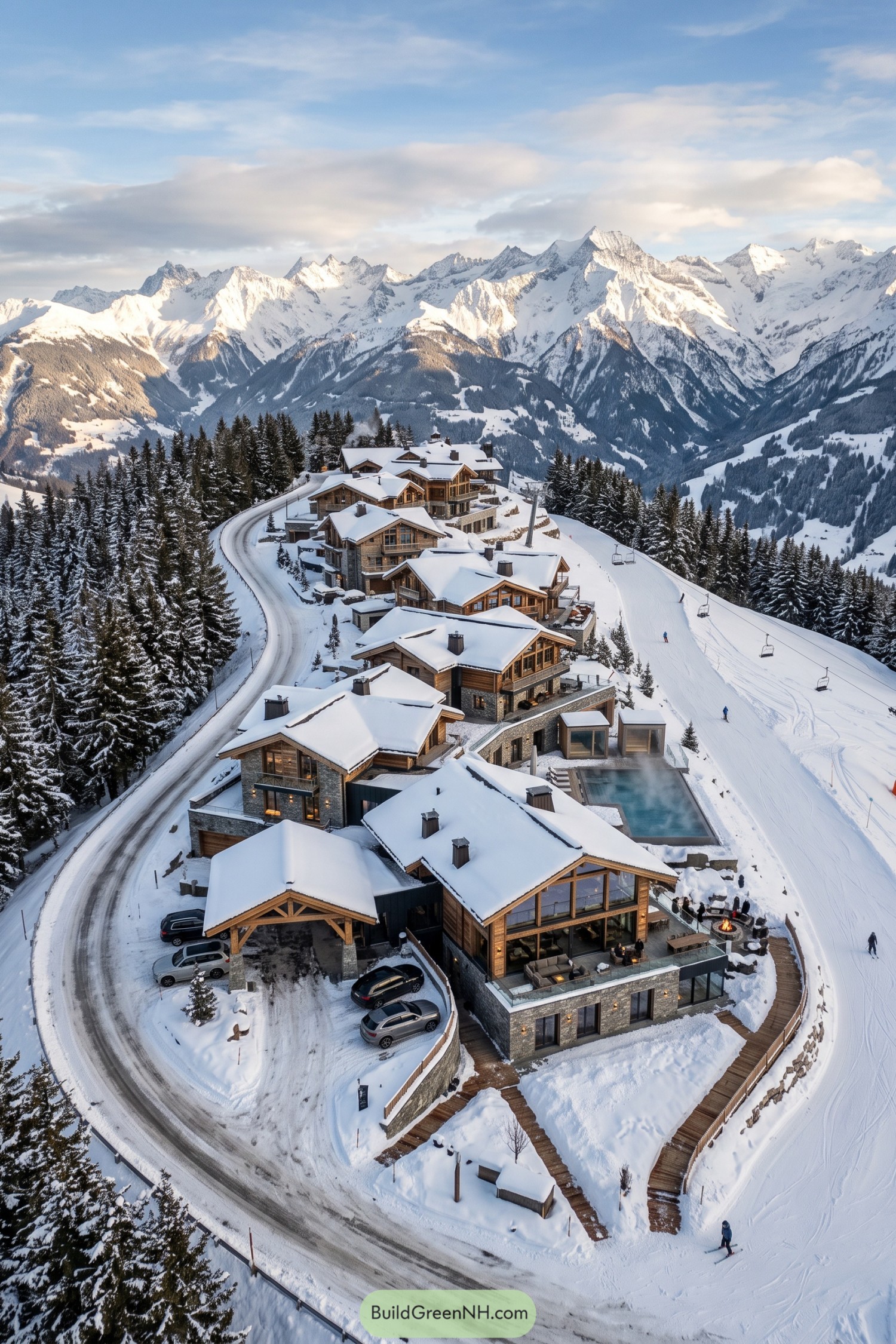 Snowy timber chalets beside a ski lift and pool