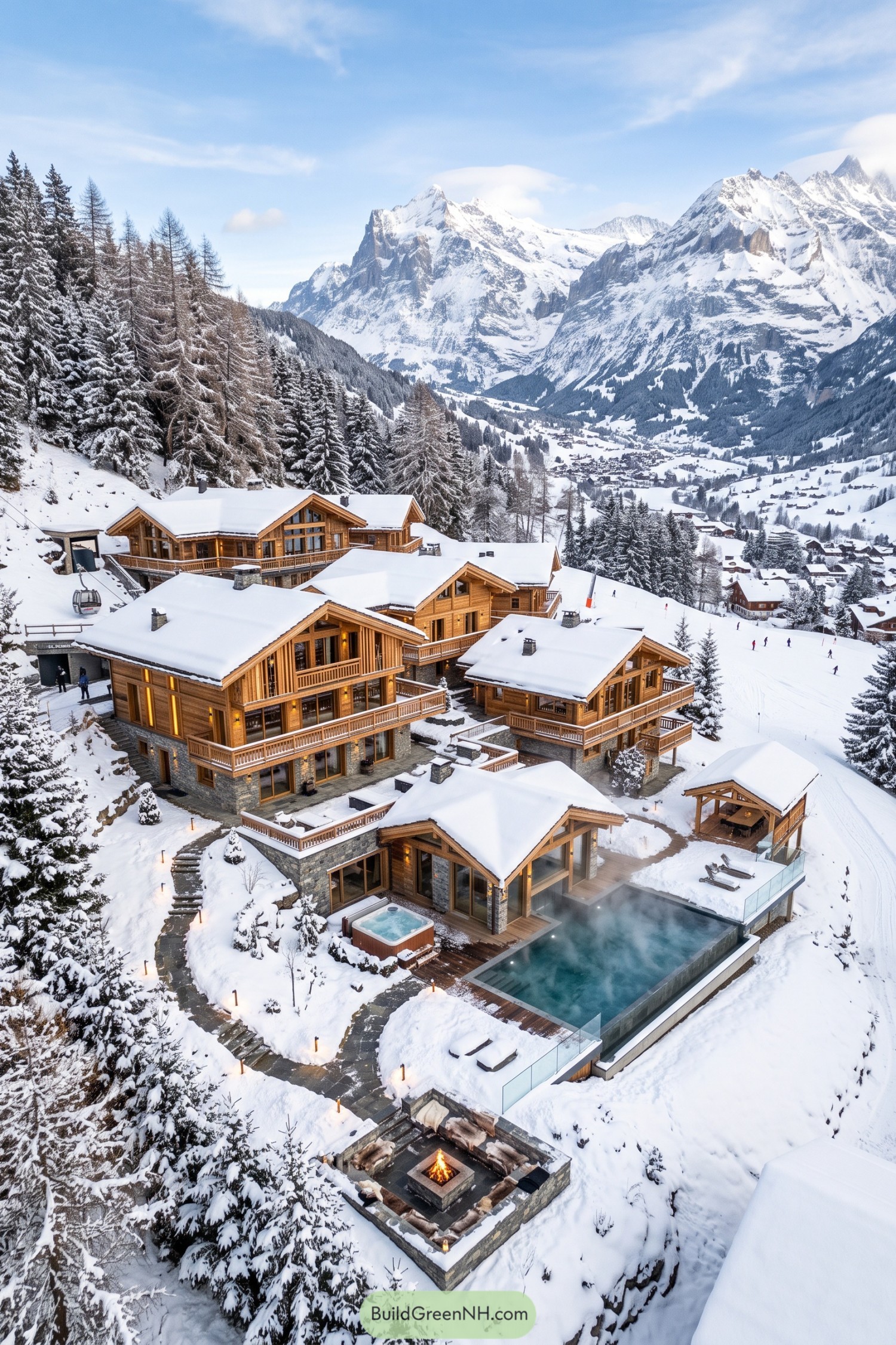 Timber ski chalets with an infinity pool beneath snowy peaks