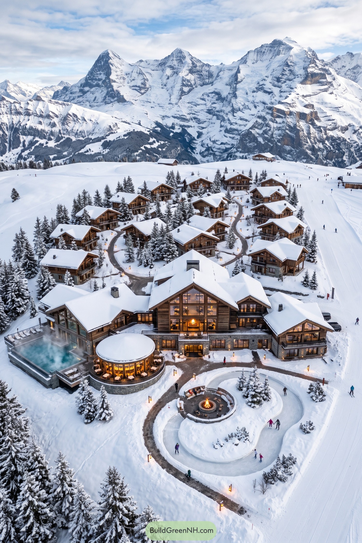 Snowy chalet village with outdoor rink and mountain views