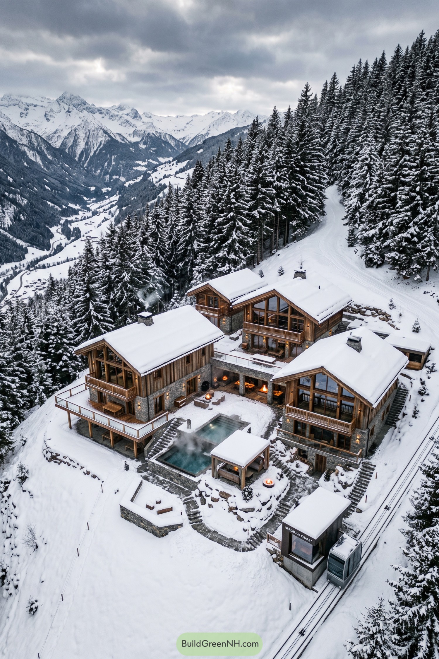 Snowy timber chalet compound beside a mountain funicular and heated pool