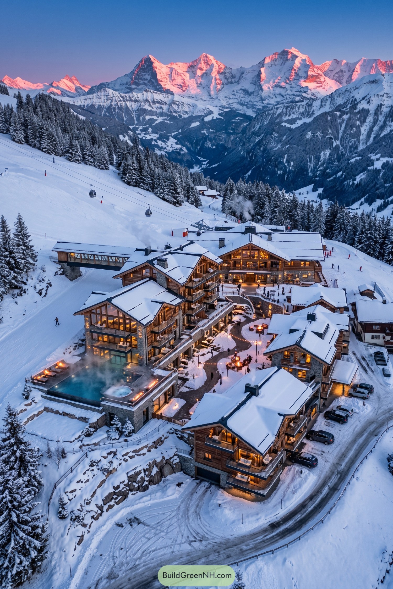 Snowy hillside resort with heated pool and gondola access