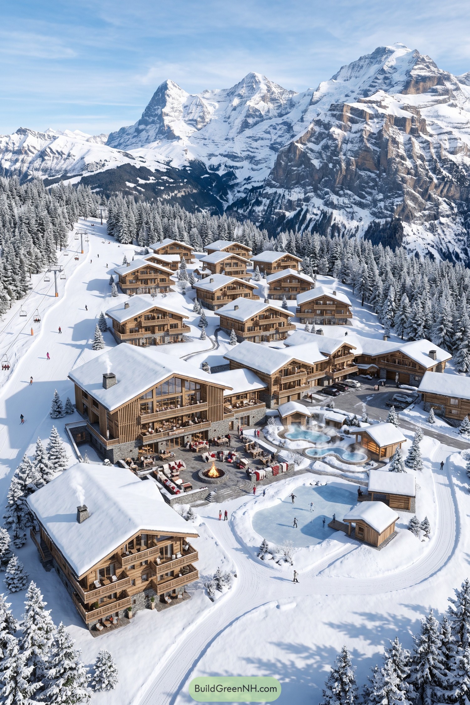 Snowy chalet community with skating rink and spa pools