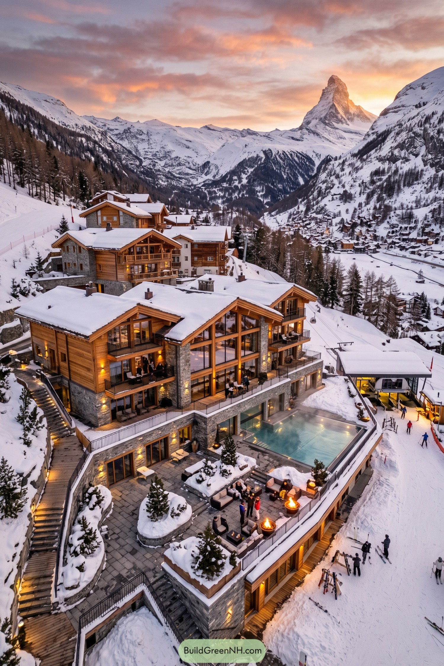 Luxury timber and stone ski residence with a heated pool beneath the Matterhorn