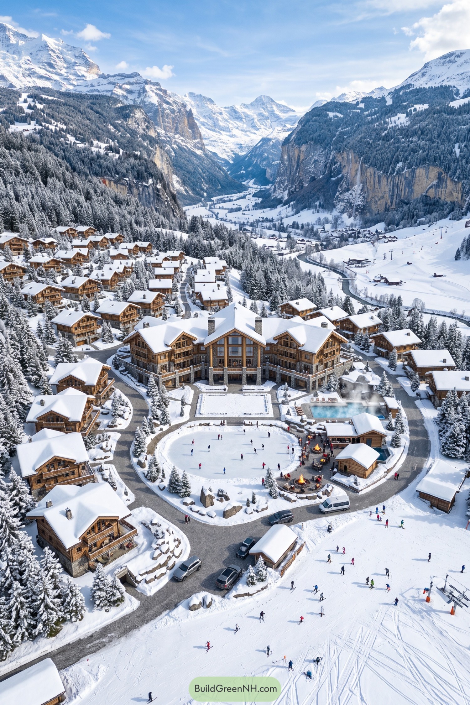 Snowy timber chalet resort with rink and pool
