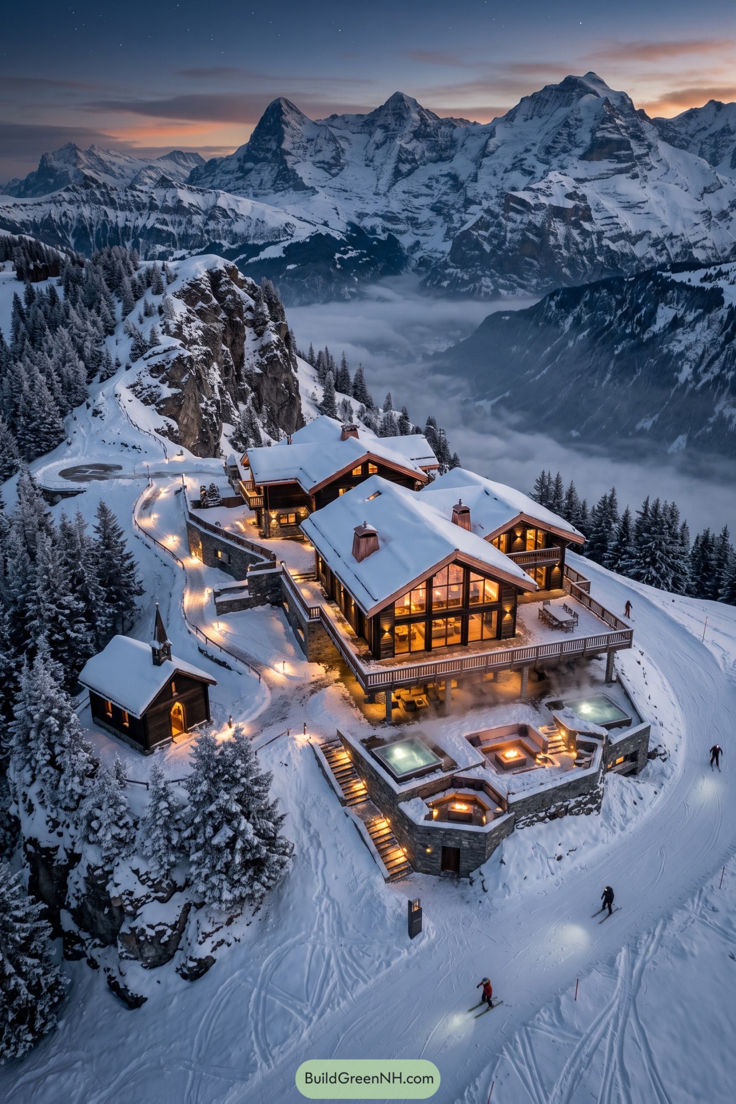 Snowy chalet complex with glowing windows and mountain views