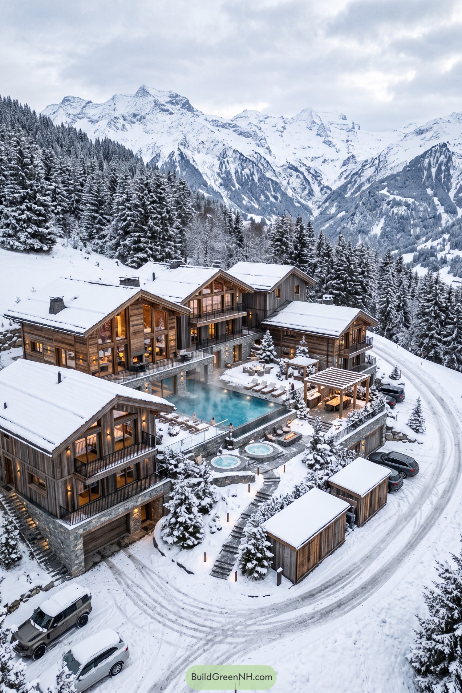 Timber chalet compound with outdoor pool and hot tubs