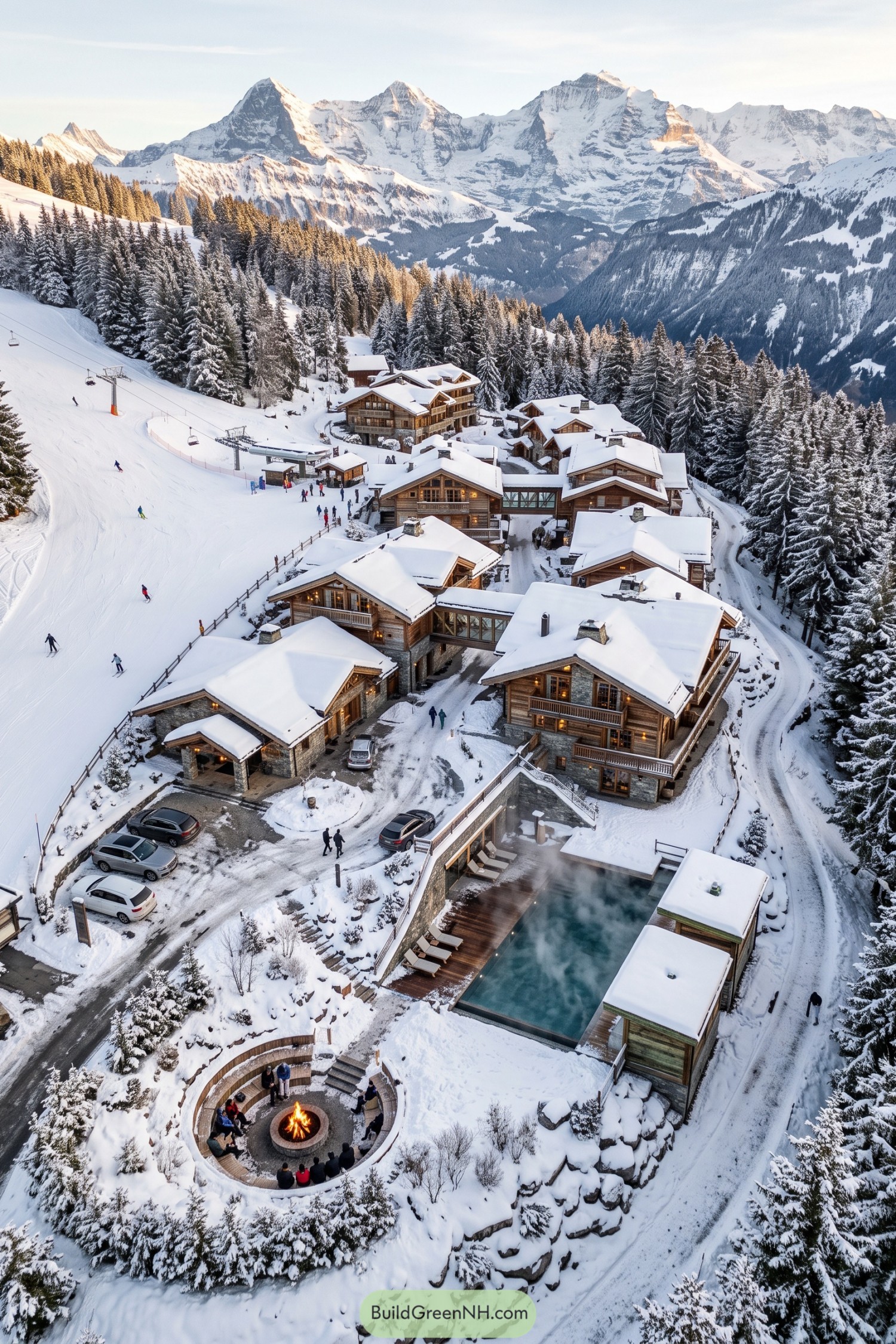 Snowy timber chalets beside a ski run with pool and fire pit