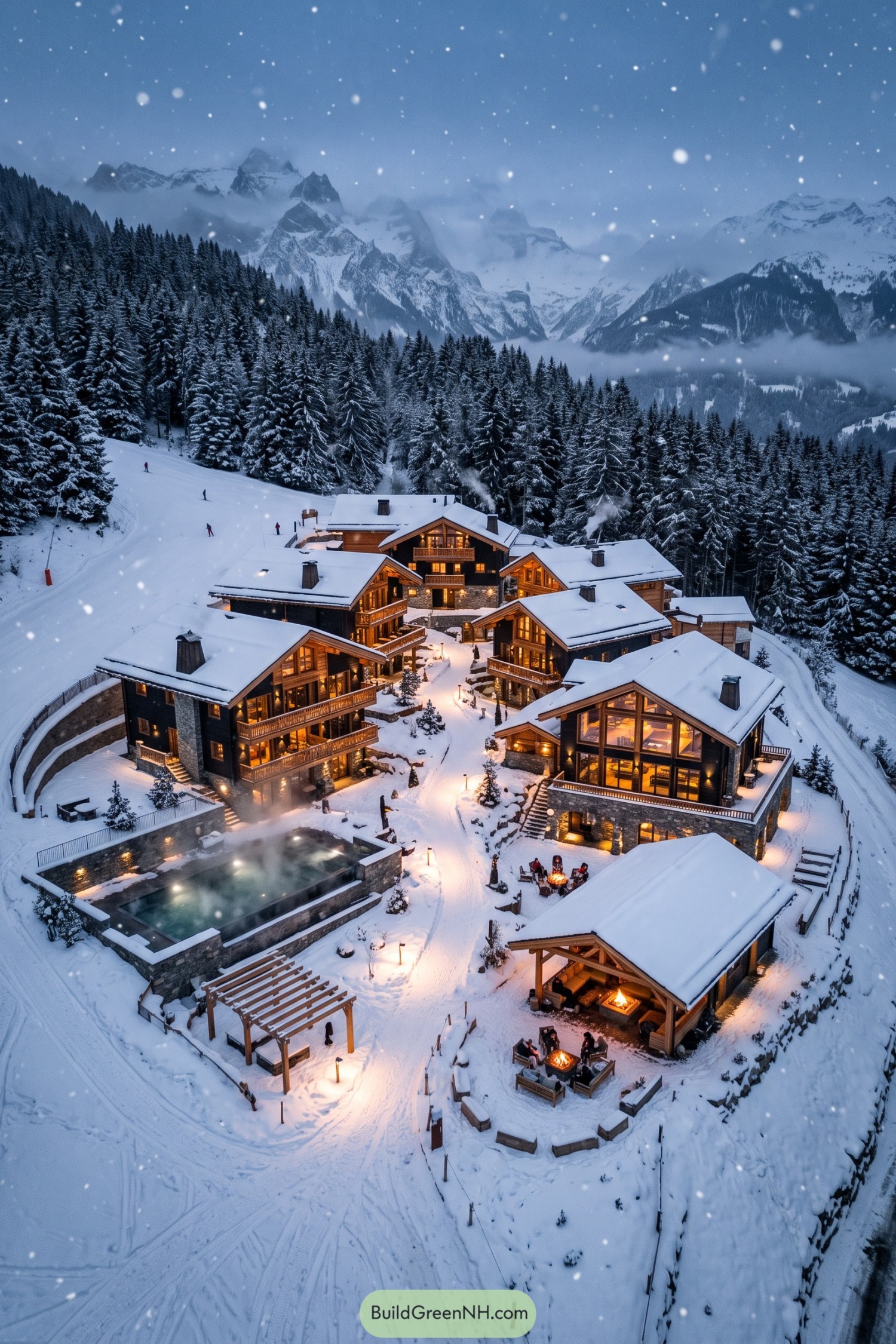 Snowy timber chalet enclave beside forested ski slopes