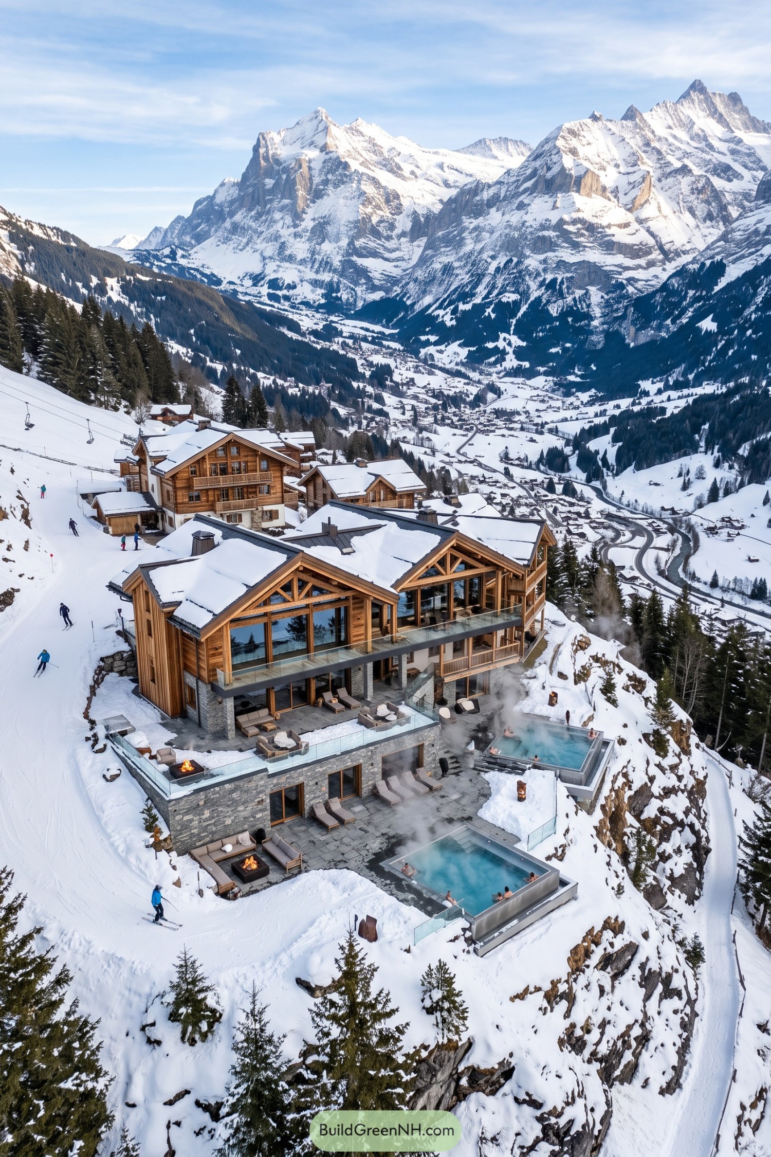 Luxury timber chalet with heated pools above a snowy alpine valley