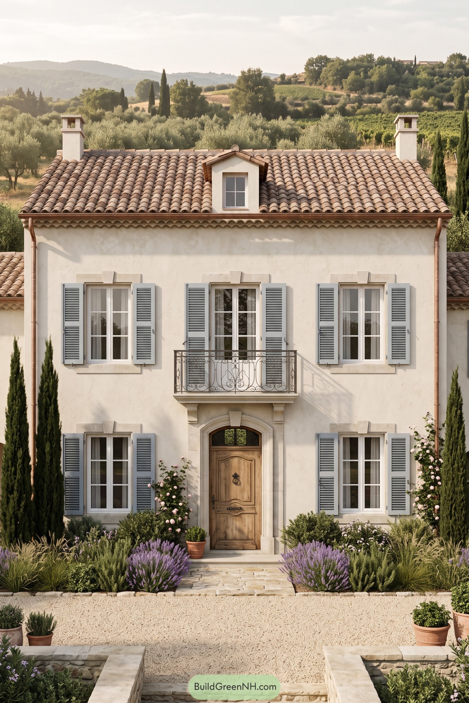 Mediterranean villa with cream stucco walls gray shutters an ornate iron balcony and lavender borders