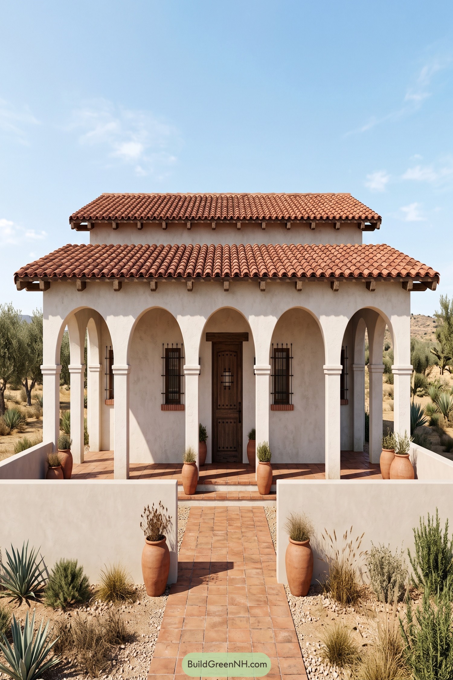 Mediterranean home with a five arch porch, cream stucco, clay tile roofs, and a terracotta courtyard path