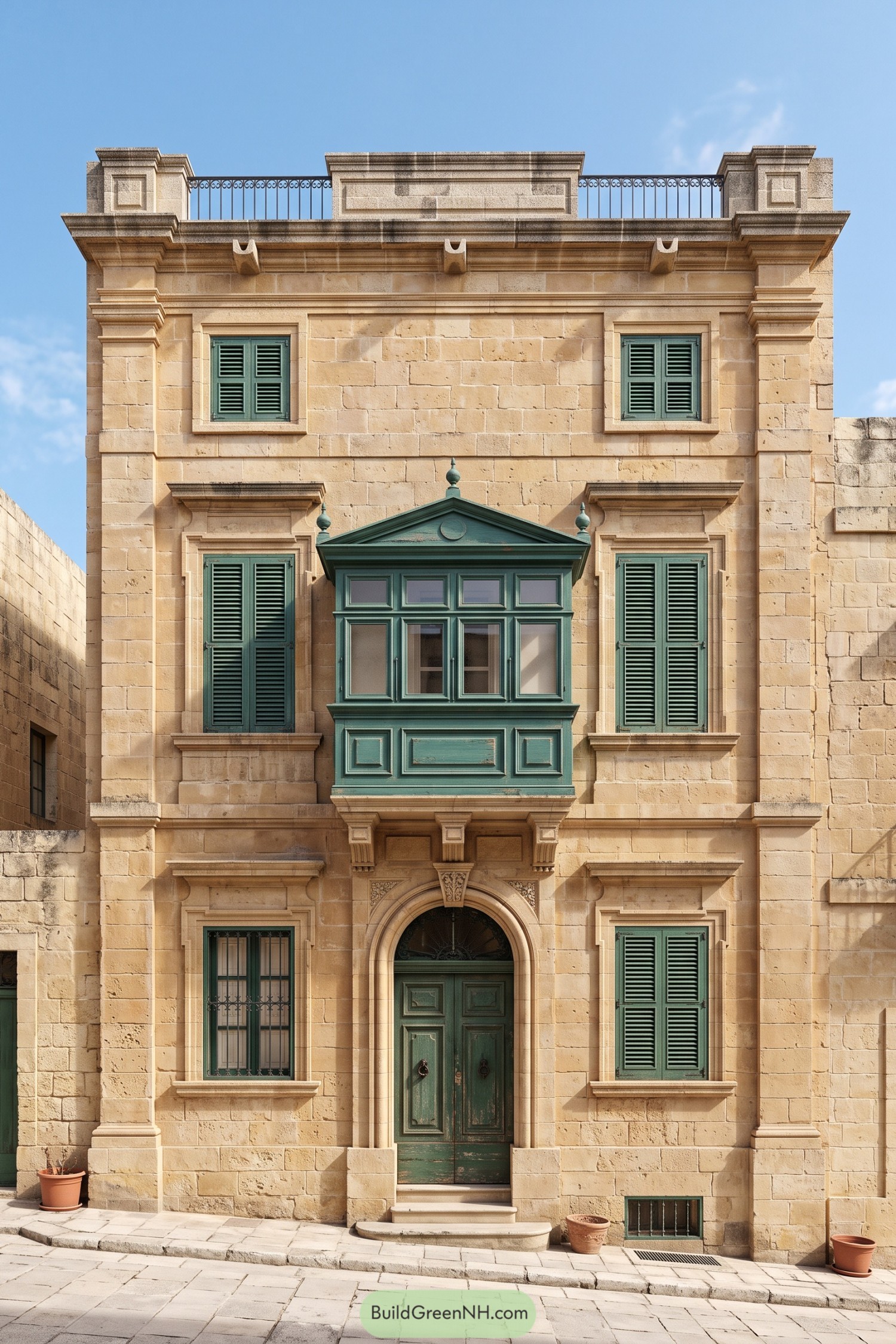 Mediterranean limestone townhouse with green shutters an enclosed timber balcony and an arched entrance