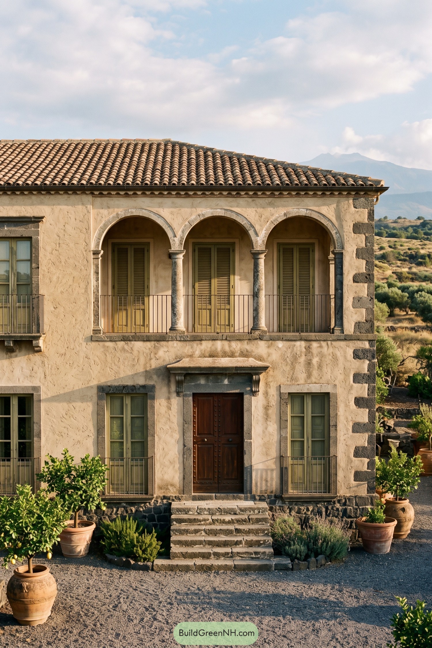 Mediterranean house with cream stucco, a three-arched loggia, sage shutters, and stone steps bordered by potted citrus