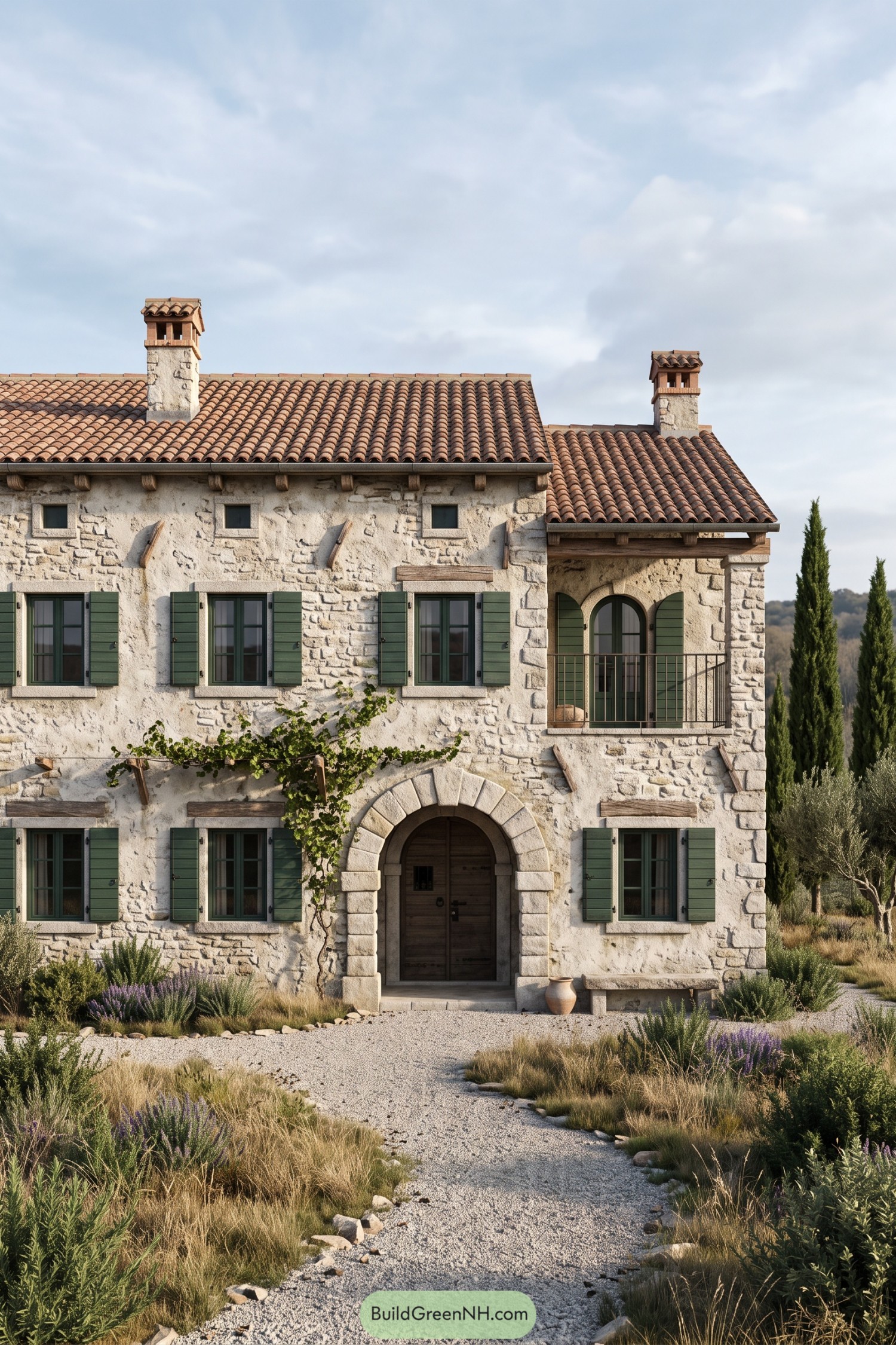 Mediterranean stone house with green shutters, tiled chimneys, an arched wooden entrance, and a gravel garden path