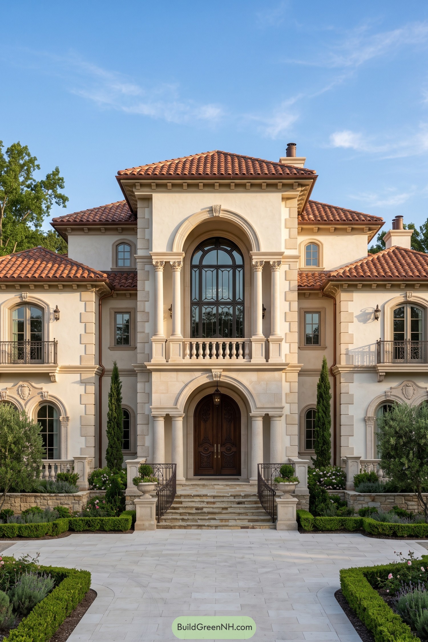 Grand Mediterranean house with cream walls, red tile roofs, ornate columns, a tall arched window, and symmetrical formal gardens