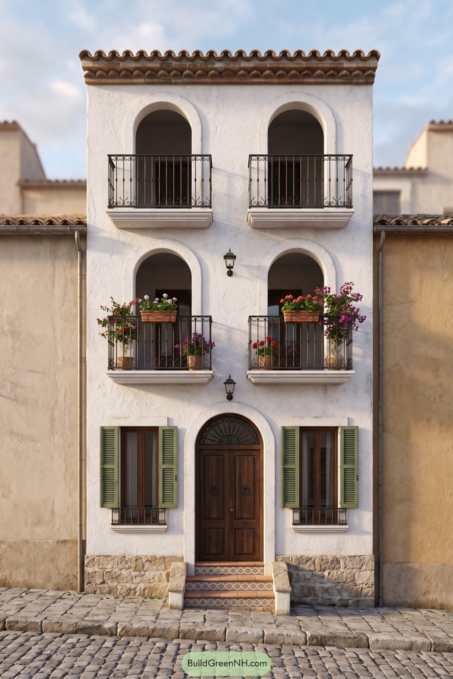 Narrow Mediterranean house with four arched balconies, flowering pots, green shutters, and patterned entry steps