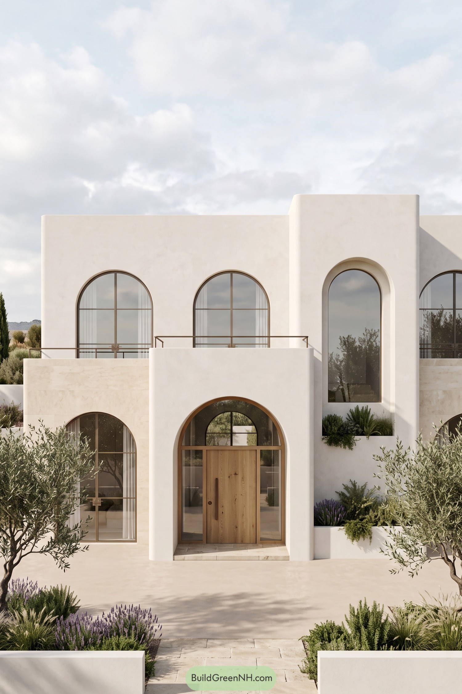 Mediterranean house with ivory walls bronze toned arched windows a timber entrance and olive trees