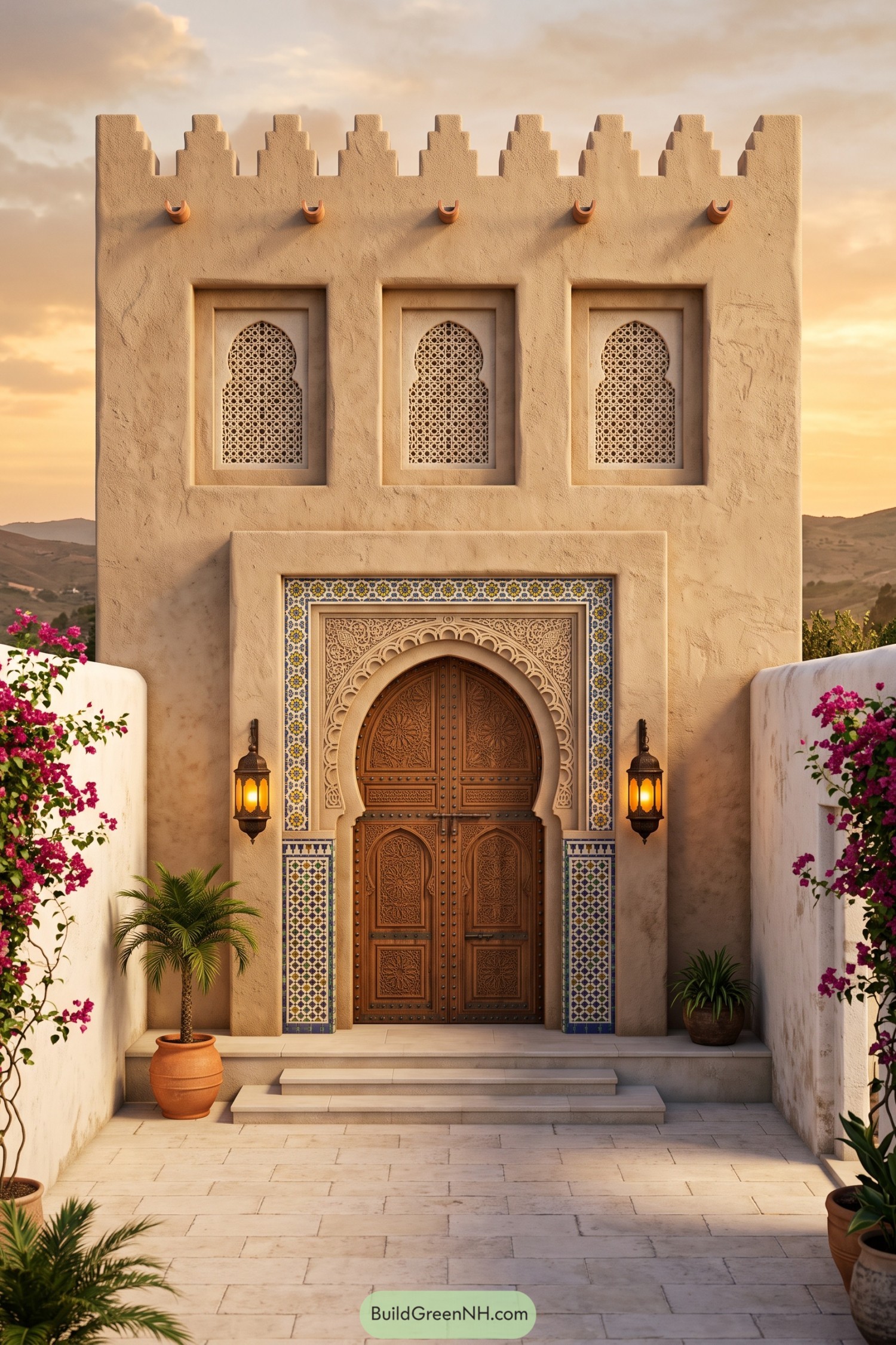 Sand-colored Mediterranean facade with stepped battlements, three lattice windows, and an ornate wooden entrance framed by patterned tiles