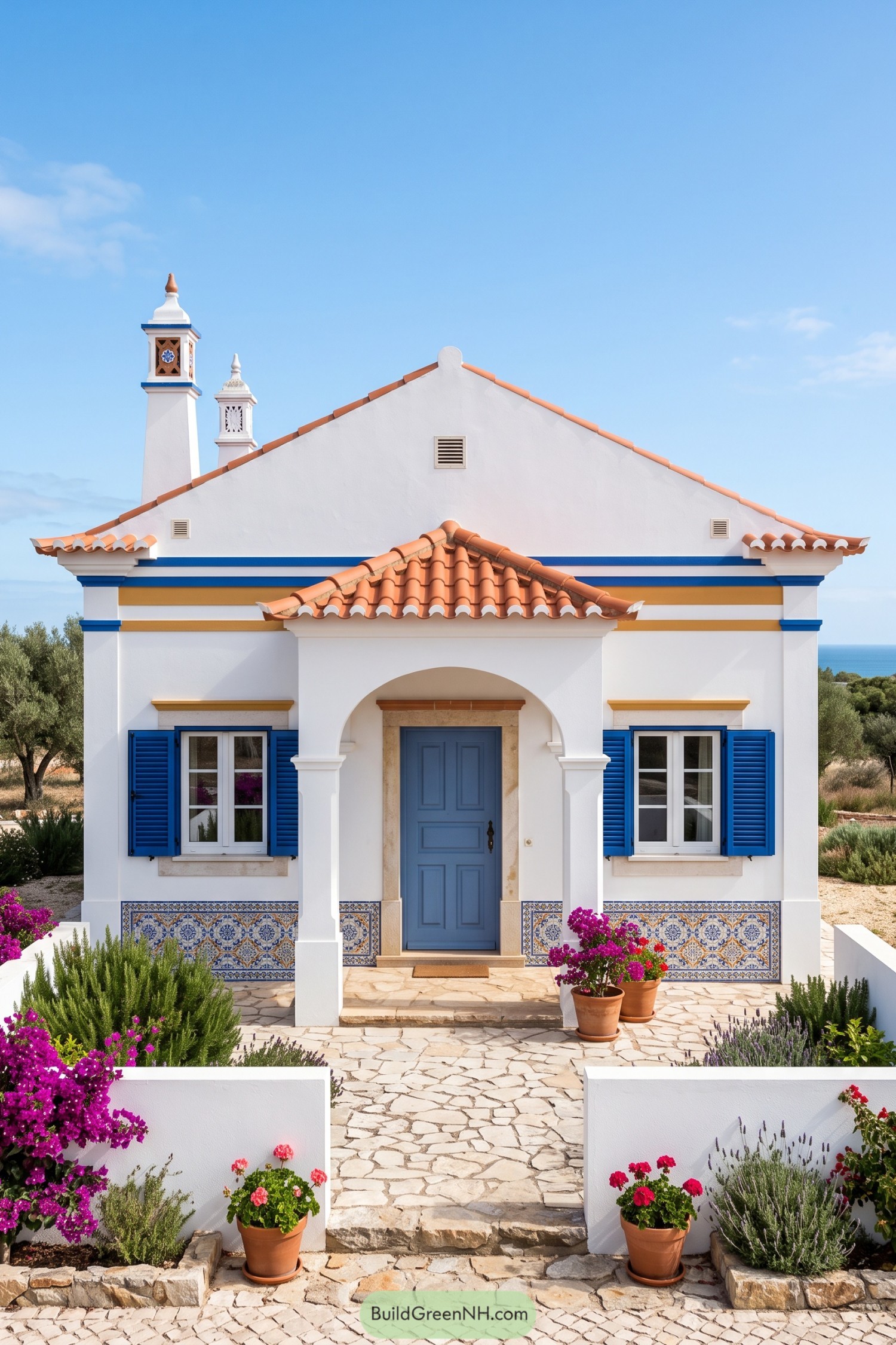 White Mediterranean cottage with blue shutters, patterned tile panels, an arched porch, and a flower-lined stone path