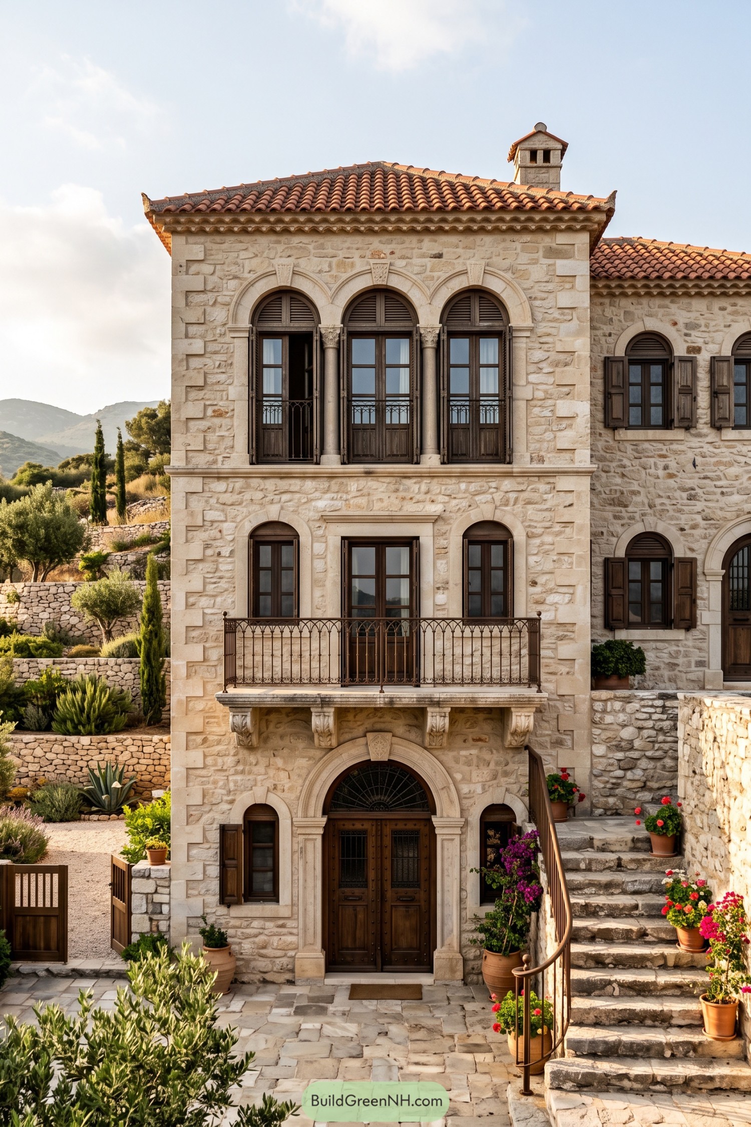Mediterranean stone house with triple arched windows, an iron balcony, a carved doorway, and flowerpot-lined exterior stairs