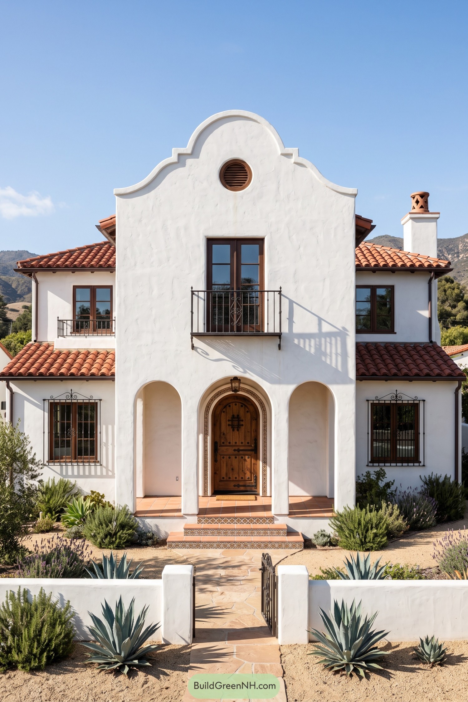 White stucco Mediterranean house with a curved parapet terracotta roofs an iron balcony and an arched wooden entrance