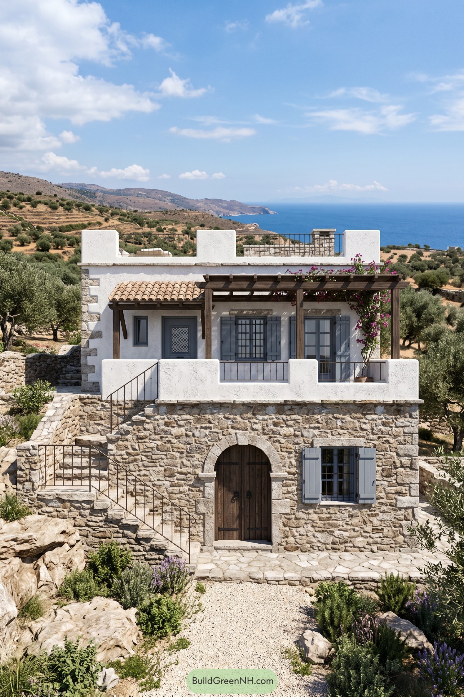 Mediterranean coastal house with stone walls white stucco blue-gray shutters and a bougainvillea-covered timber pergola