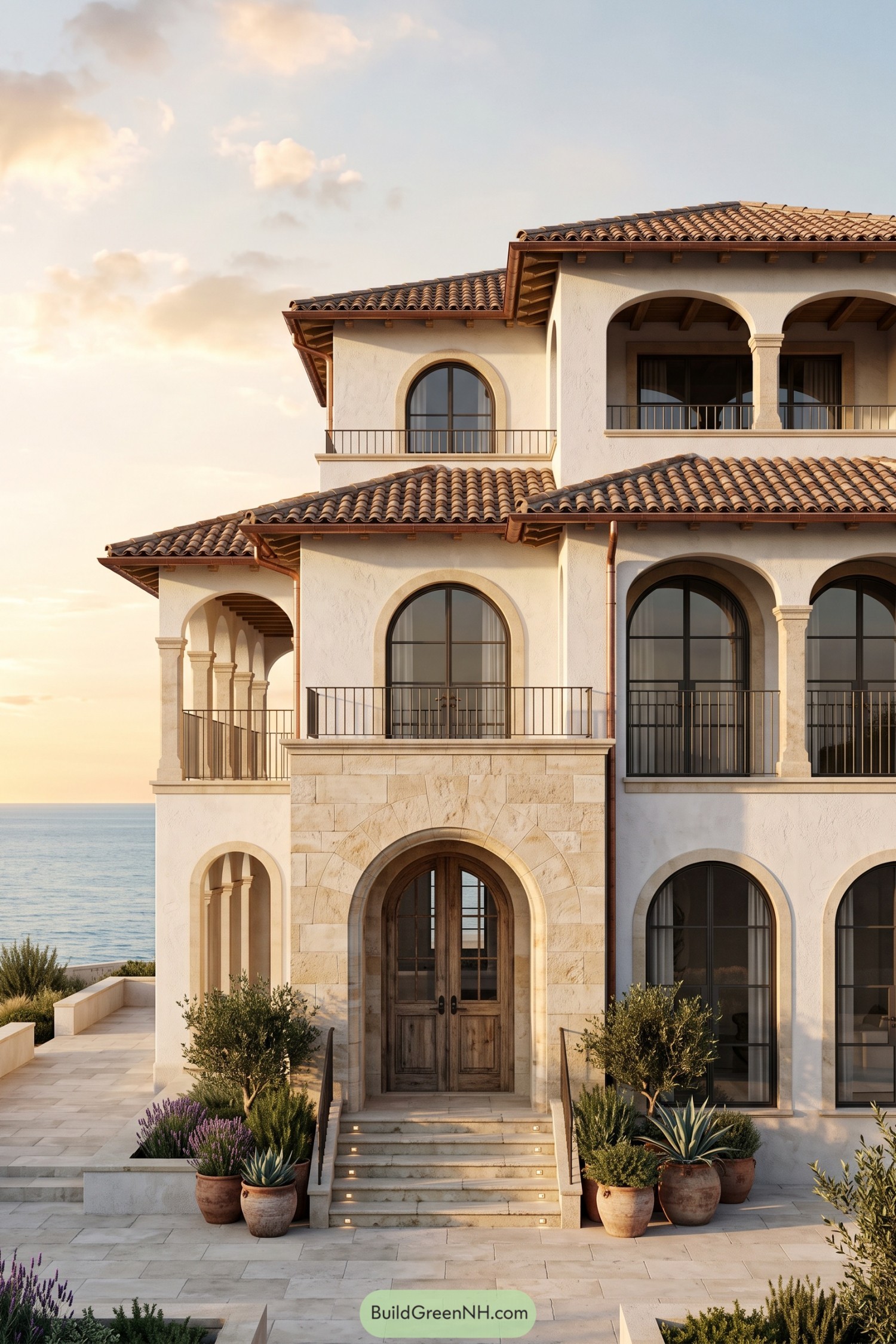 Mediterranean seaside villa with cream stucco walls, arched balconies, tiled roofs, and a stone entrance framed by potted plants