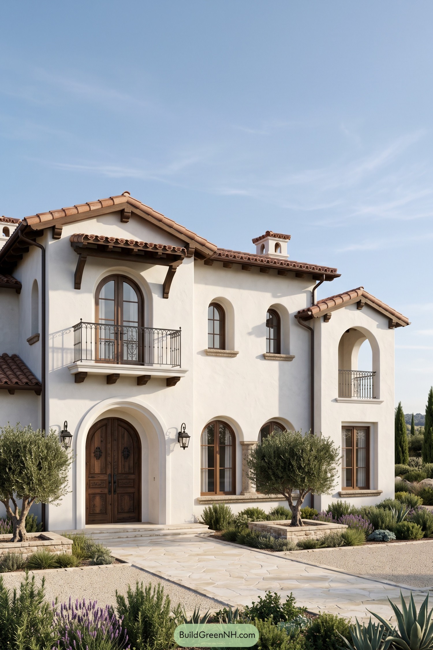 Two story Mediterranean home with ivory stucco walls, terracotta roofs, arched wood doors, iron balconies, and olive trees