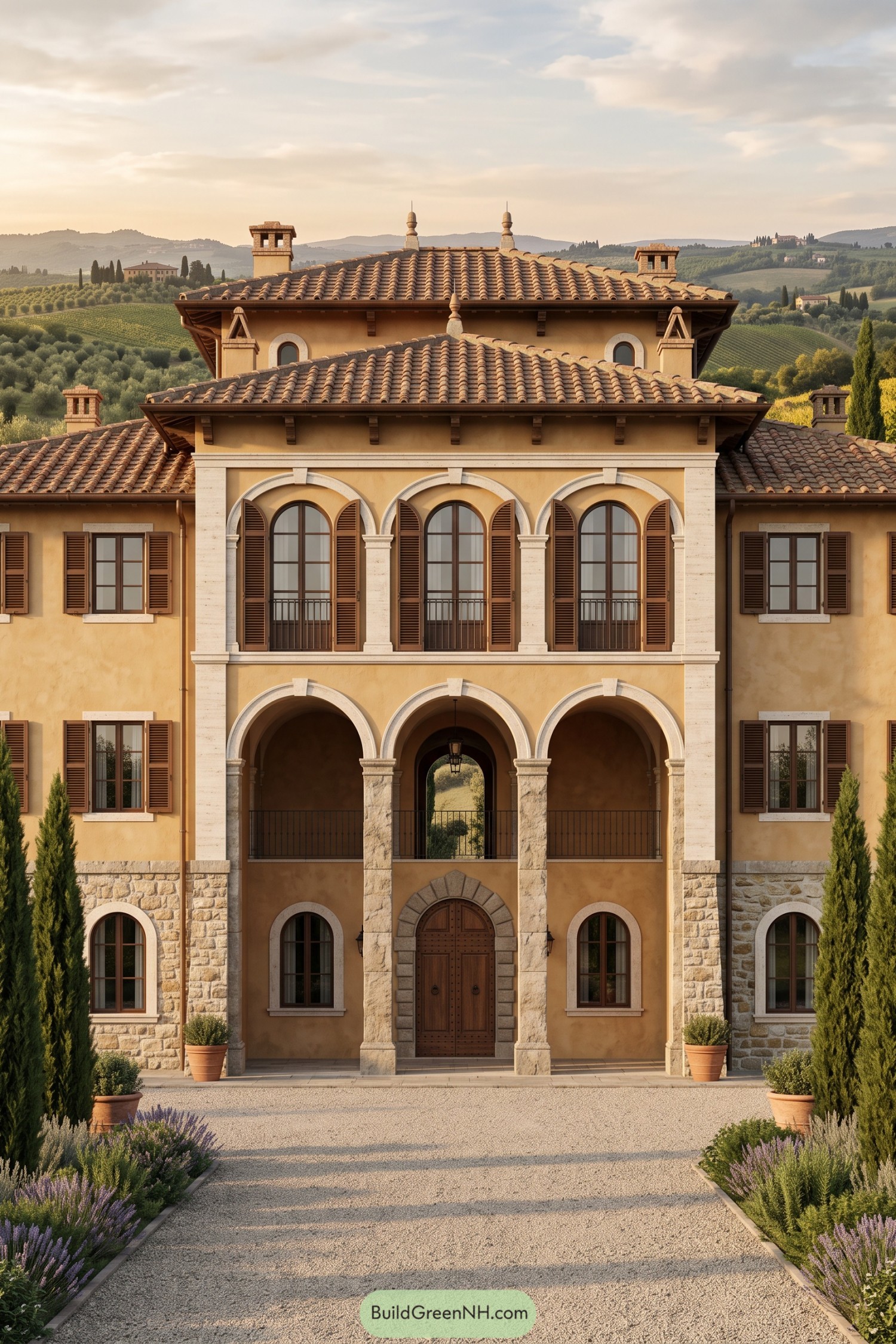 Mediterranean villa with ochre stucco walls, stone arches, wooden shutters, tiled roofs, and a cypress-lined gravel approach