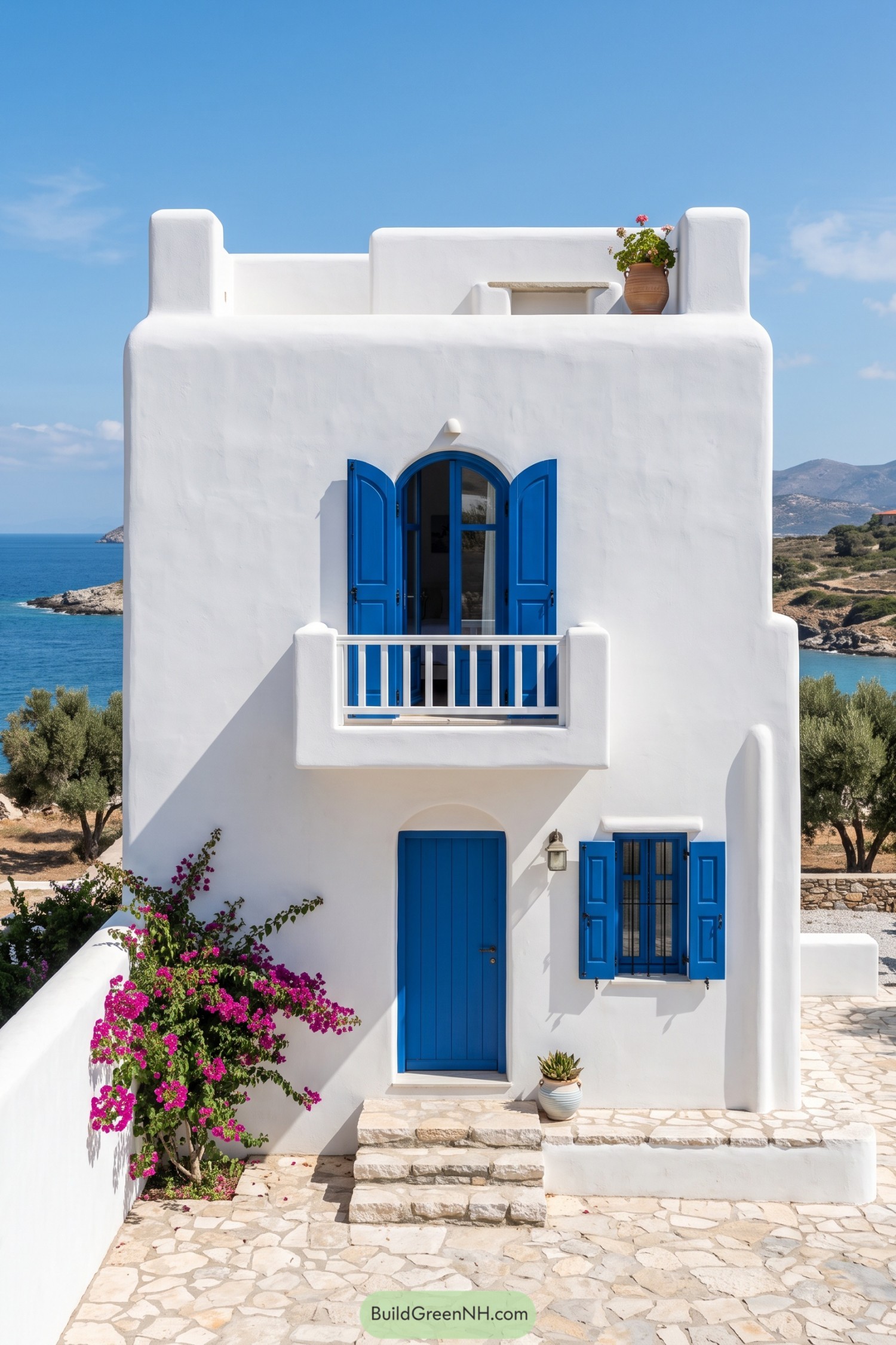 White Mediterranean house with blue shutters and doors, a small balcony, stone steps, and pink bougainvillea