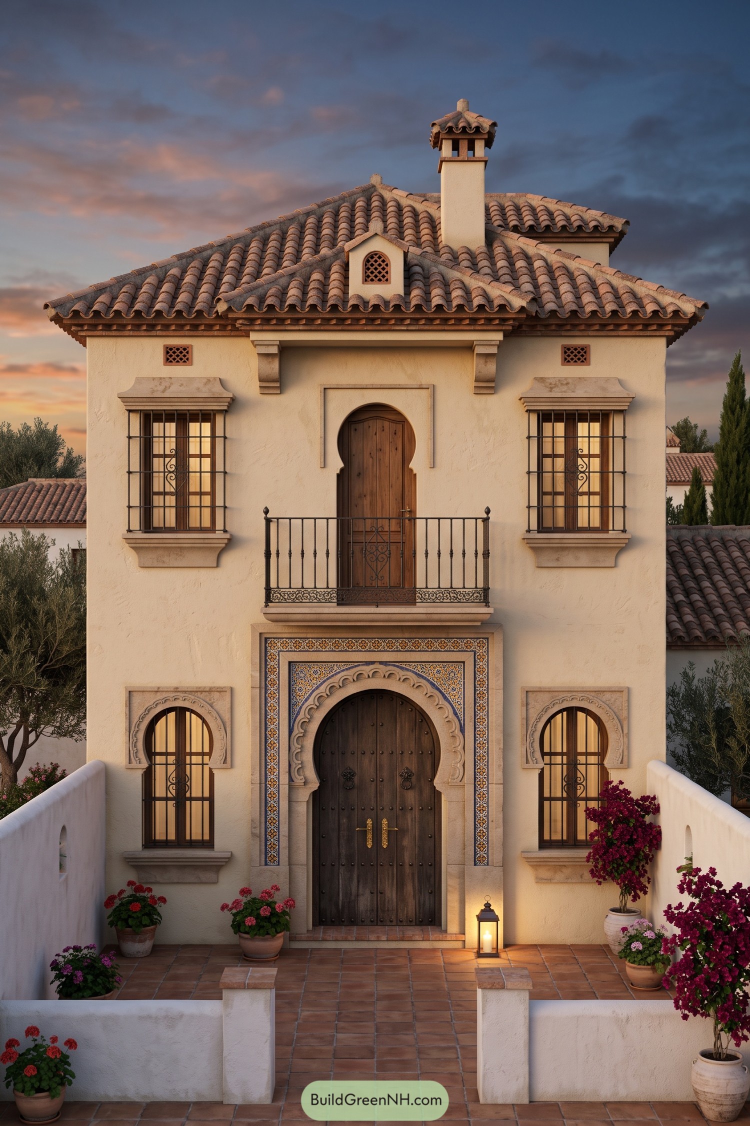 Mediterranean facade with a mosaic horseshoe doorway, iron balcony, cream stucco, and a flower-filled tiled courtyard