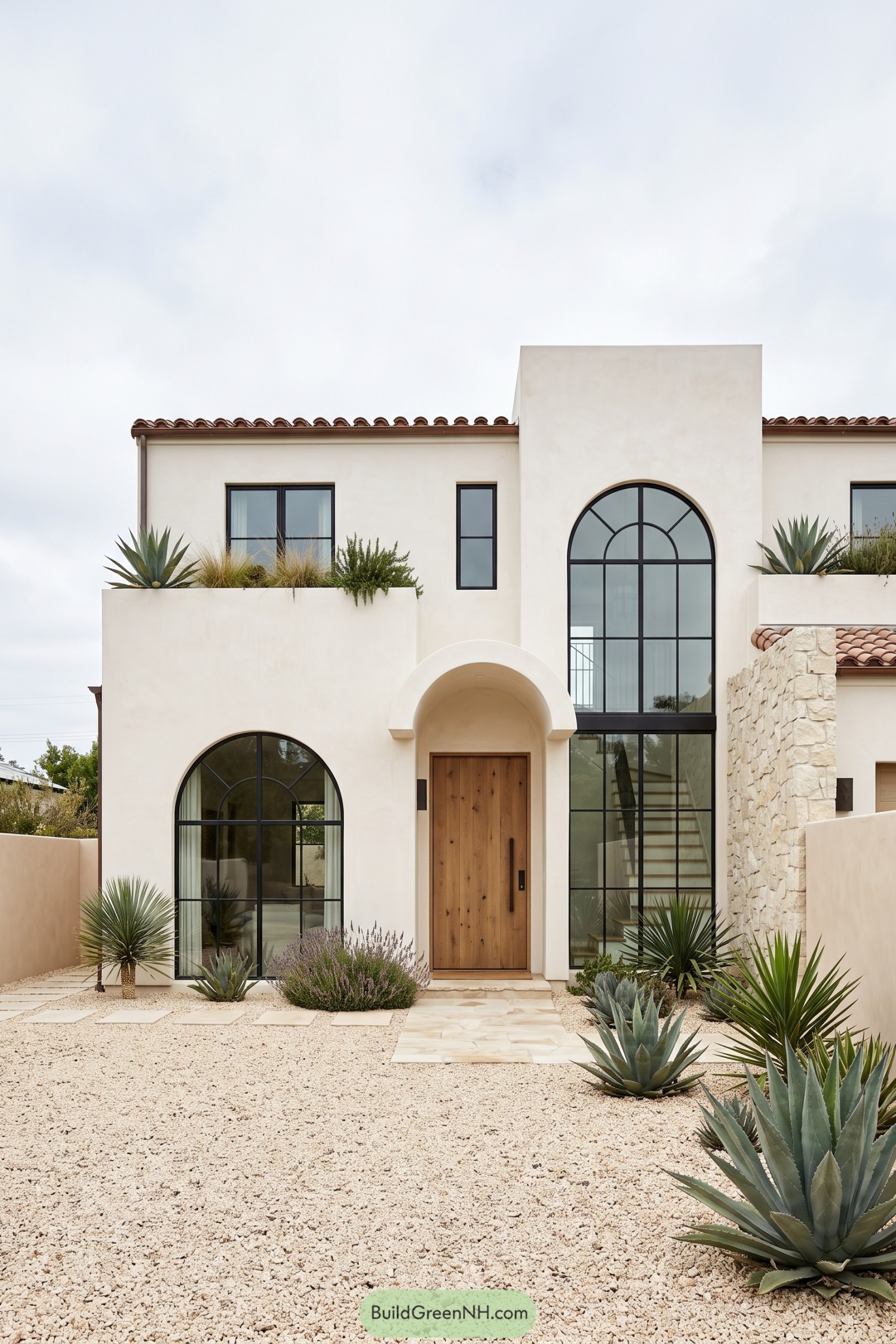 Cream stucco house with tall arched windows, a timber entrance door, stone accents, and an agave-filled gravel courtyard