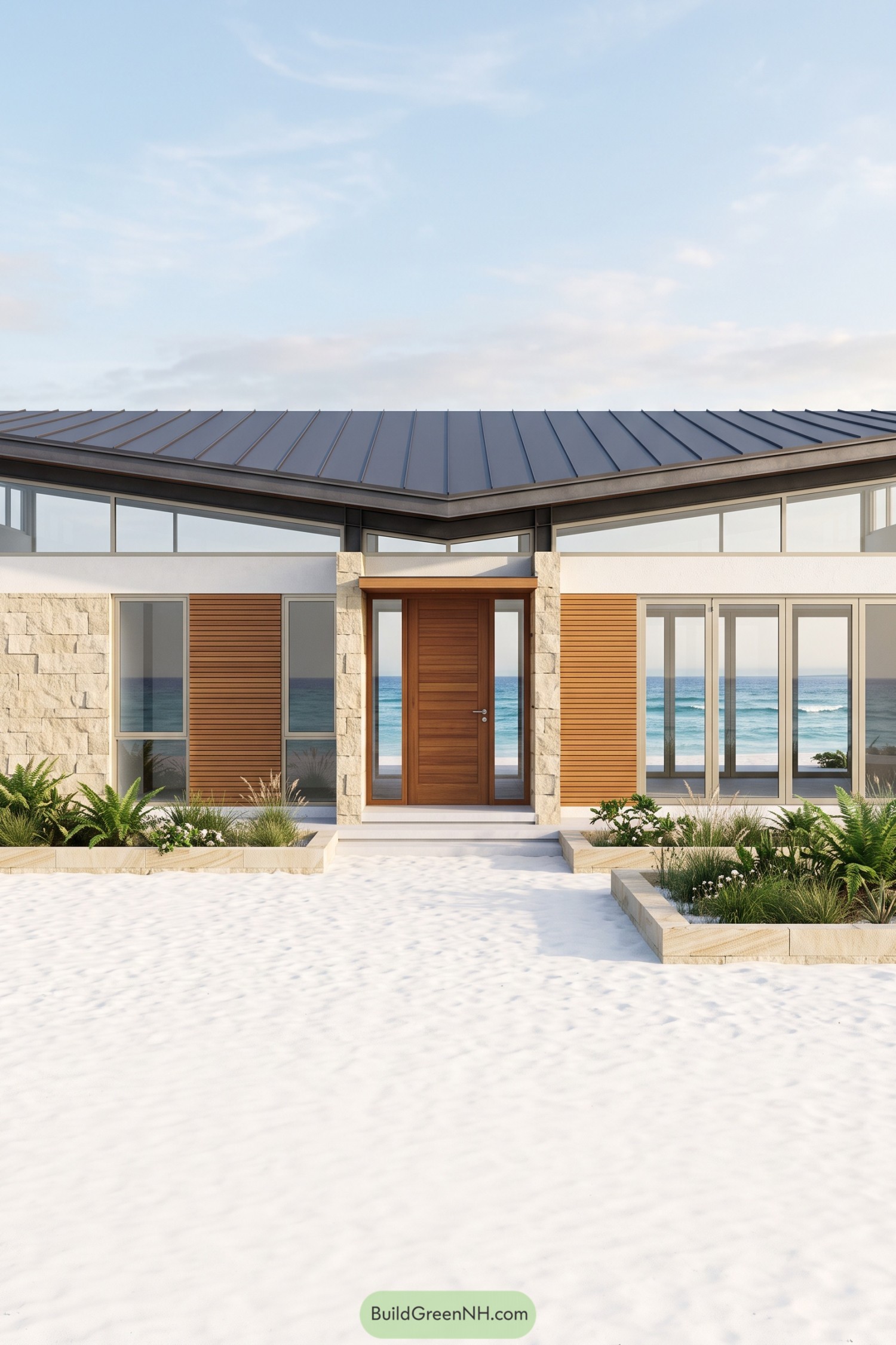 Beach villa facade with a sloping metal roof, stone entry columns, horizontal wood cladding, and tall windows